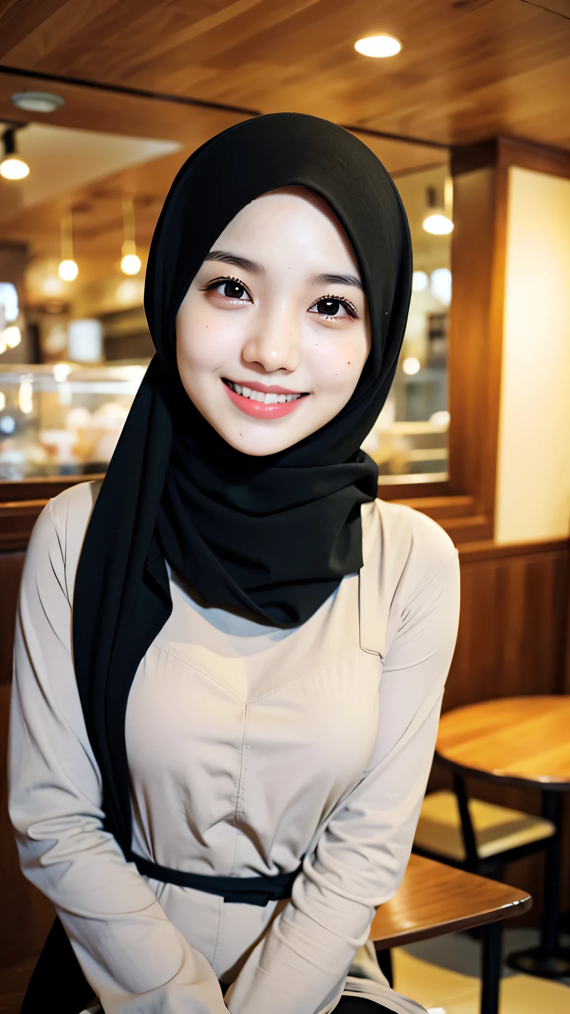 ((best quality)), ((masterpiece)), 2 girl, perfect face, indonesia, hijab, sharp nose, smile, half body, sits in cafe, selfie