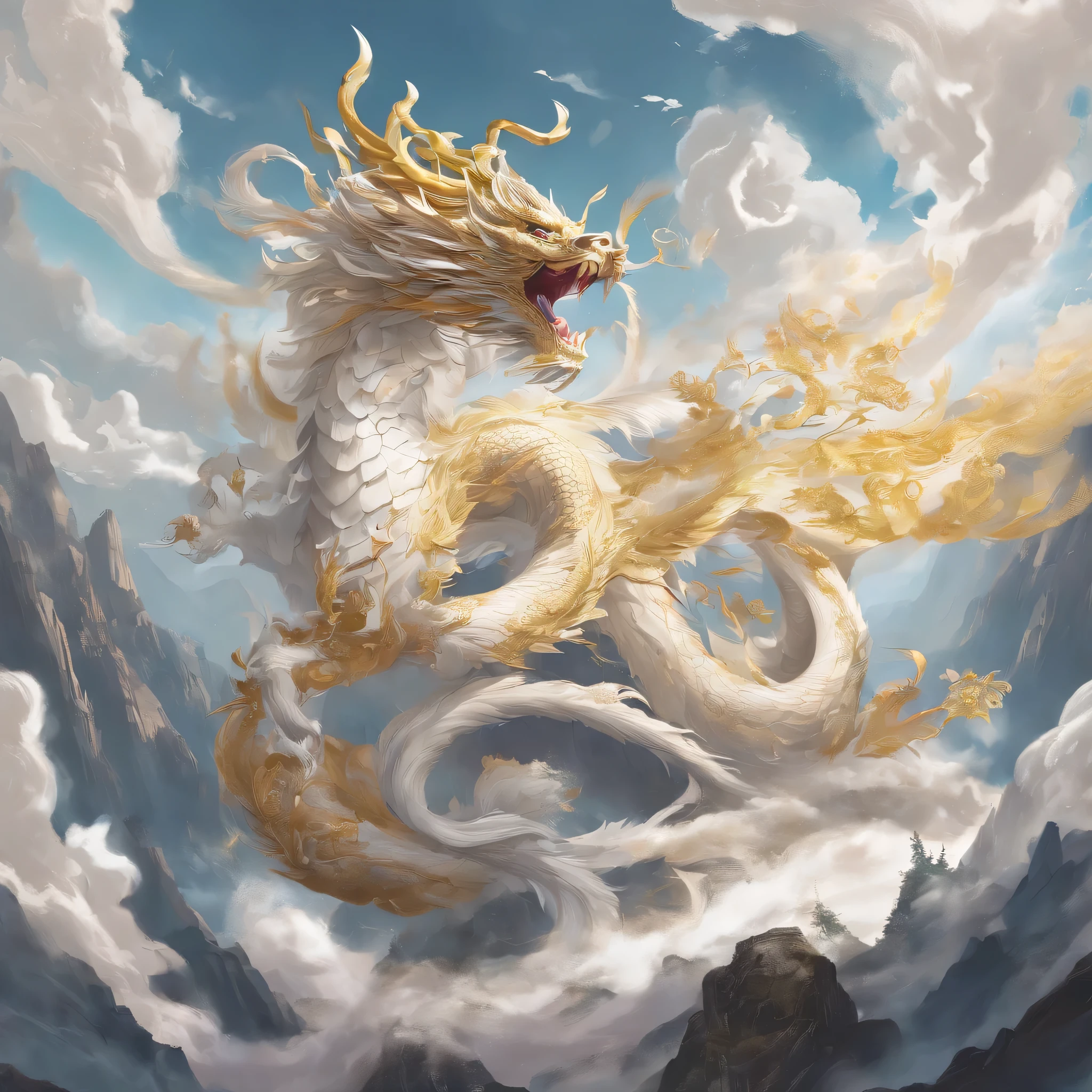 a sign、​Masterpiece、(White background:1)、Golden Chinese dragon surrounded by white clouds、gods々correct、Wind、gods、long wavy body、fangs、upper part of body、fantasy、myth、high quality、Very detailed、​Masterpiece、epic、particle effect、dynamic effect