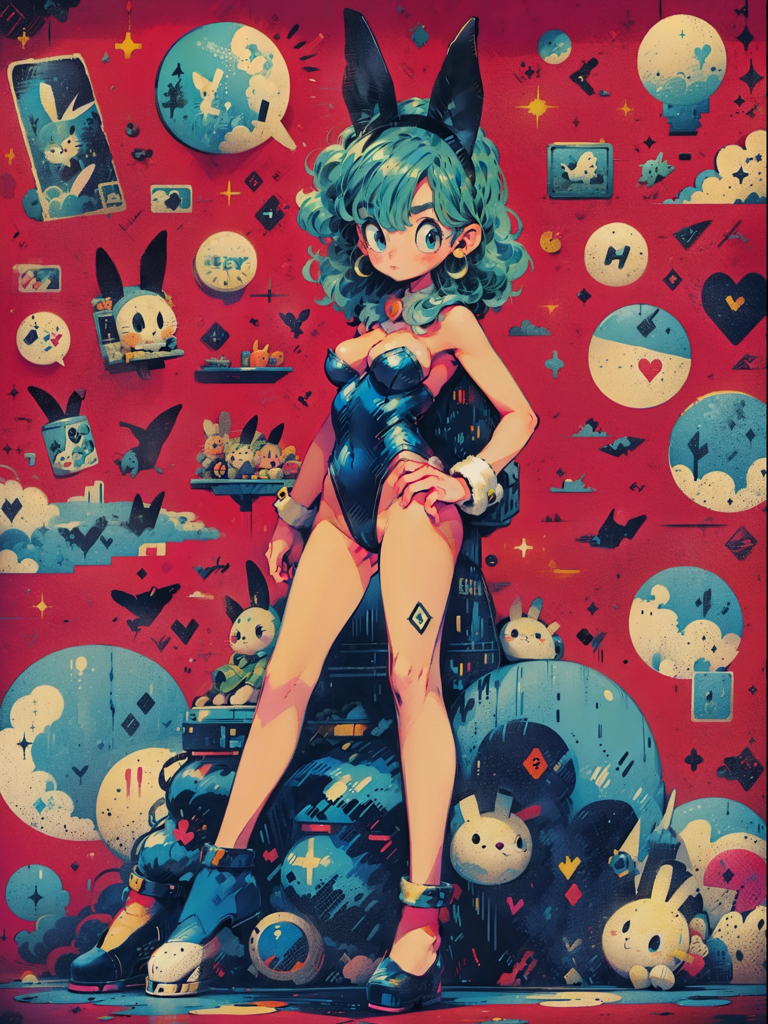 1girl, solo, (masterpiece), best quality, ultra-detailed, Akira Toriyama style, Bulma from Dragon Ball, Retro style, full body. (playboy bunny:1.5), black leotard, fancy, fishnet stockings