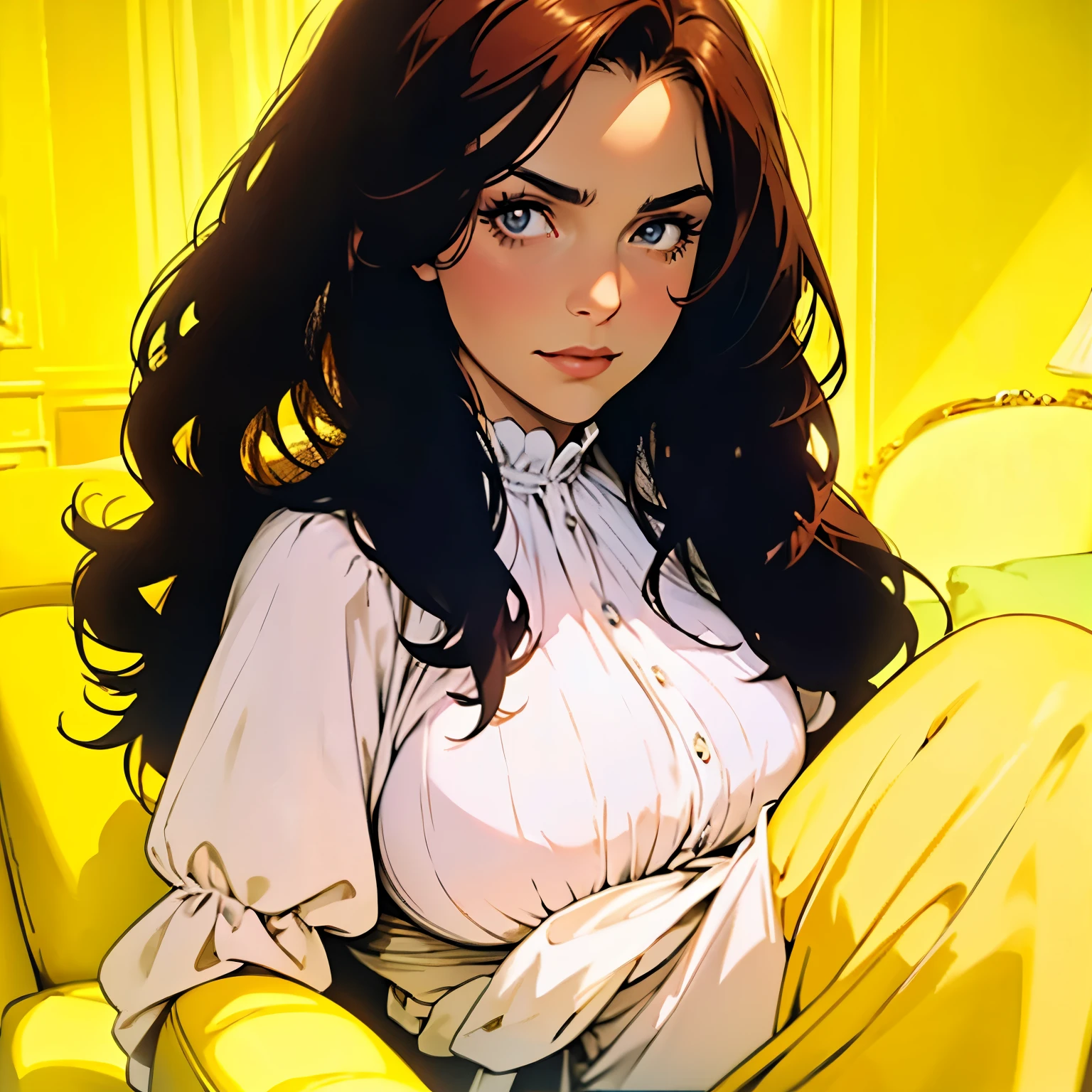 portrait of a 48-year-old auburn haired French woman from 1950, period dress, genuine leather, sitting takes a selfie like a smartphone, huge breasts, curvaceous (living room with period furniture, moody soft light: 1.2)