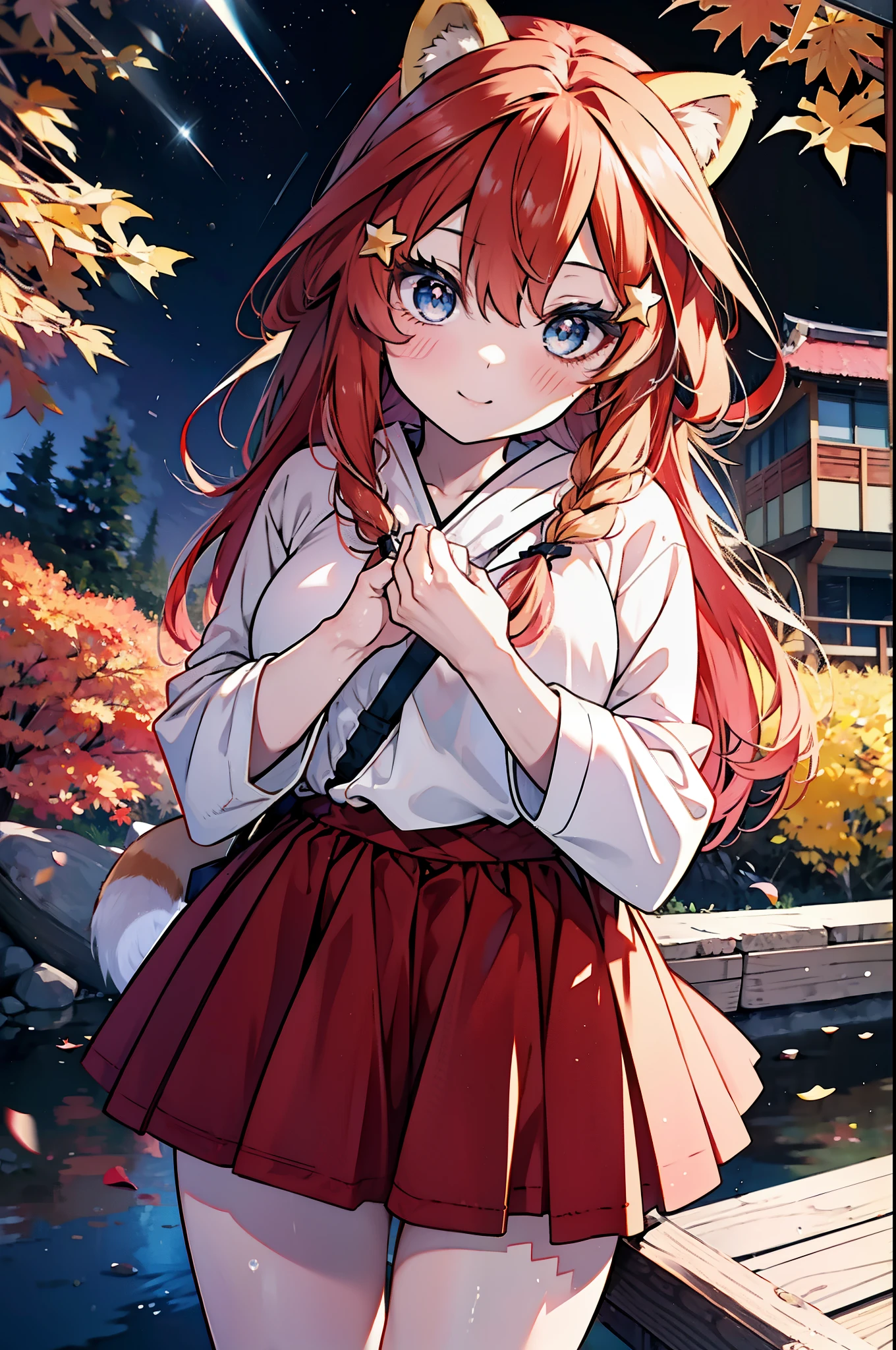 itsukinakano, itsuki nakano, bangs, blue eyes, hair between eyes, Ahoge, redhead, star \(symbol\), short braided hair,hair ornaments, star hair ornaments,smile,blush,animal ears　raccoon ears,animal tail　raccoon tail,Akabuchi Glasses,red hoodie,white long skirt,Cute Sandals,autumn leaves,autumn leavesが散っている,autumn leaves道,whole bodyがイラストに入るように,night,moonlight,moonlight,
break outdoors,garden,
break looking at viewer,whole body,(cowboy shot:1.5),
break (masterpiece:1.2), highest quality, High resolution, unity 8k wallpaper, (shape:0.8), (beautiful deしっぽed eyes:1.6), extremely deしっぽed face, perfect lighting, extremely deしっぽed CG, (perfect hands, perfect anatomy),