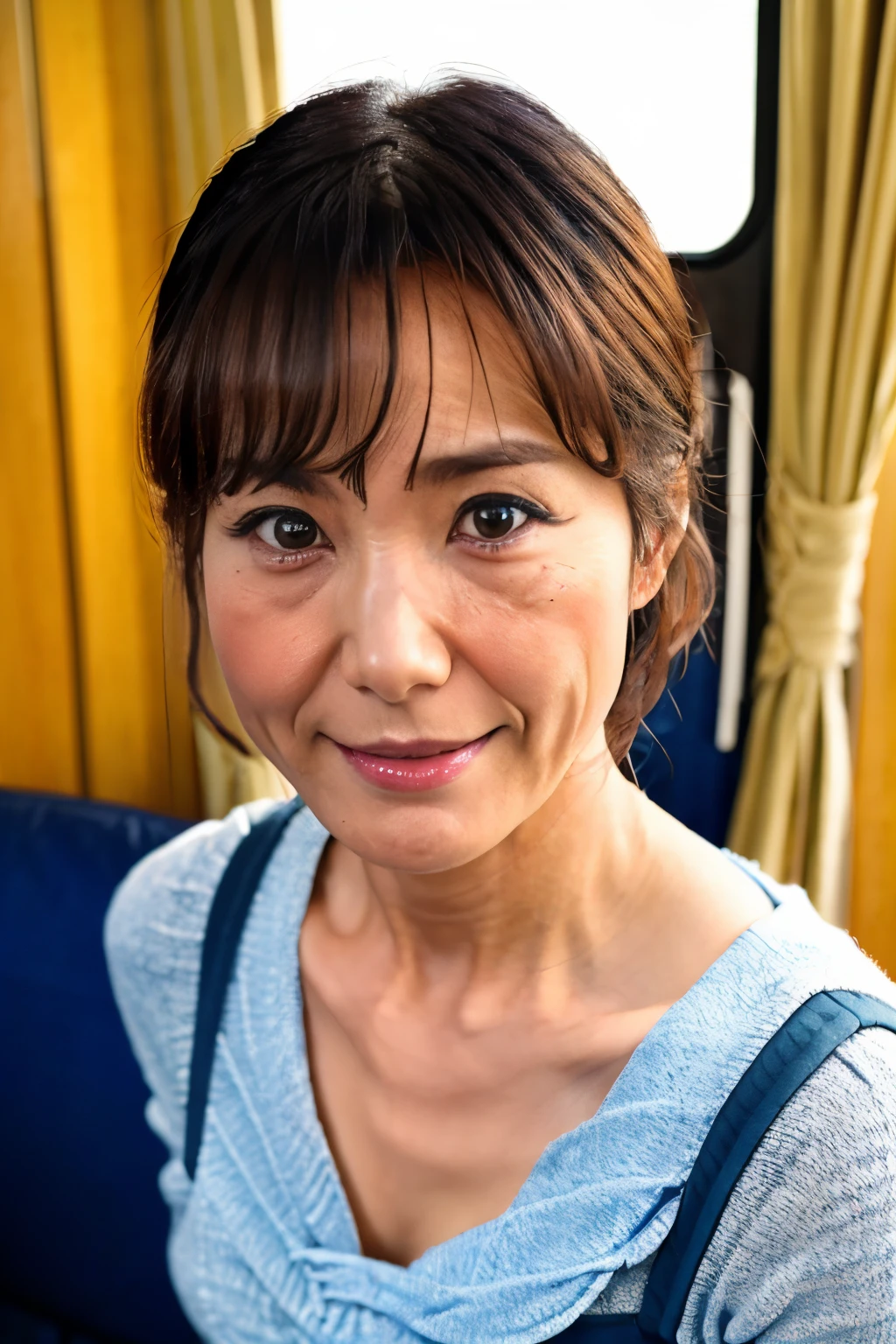 ((Top Quality)), ((8K)), ((Masterpiece: 1.3)), (Perfect Appearance), (Photorealism: 1.2), ((Unrealistic Composition)), (standing woman), 

(Inside a tourist train), Japanese woman working as a purser on a sightseeing train, (Occupation is parser), (52 years old), married woman, ((Realistic skin texture 1.8)), (Fine wrinkles throughout the skin: 1.3), (Dull skin: 1.1), (Skin without moisture: 1.2) , (Wrinkles on the face: 0.9), (Wrinkles on the corners of the eyes: 1.2), Double eyelids, tear bags on the lower eyelids, (Crying moles: 0.9), Lips are thinly opened, The corners of his mouth are raised and he smiles gently, (Dimples: 1.2), Short hair, (wearing a purser's uniform ), ((whole body)),