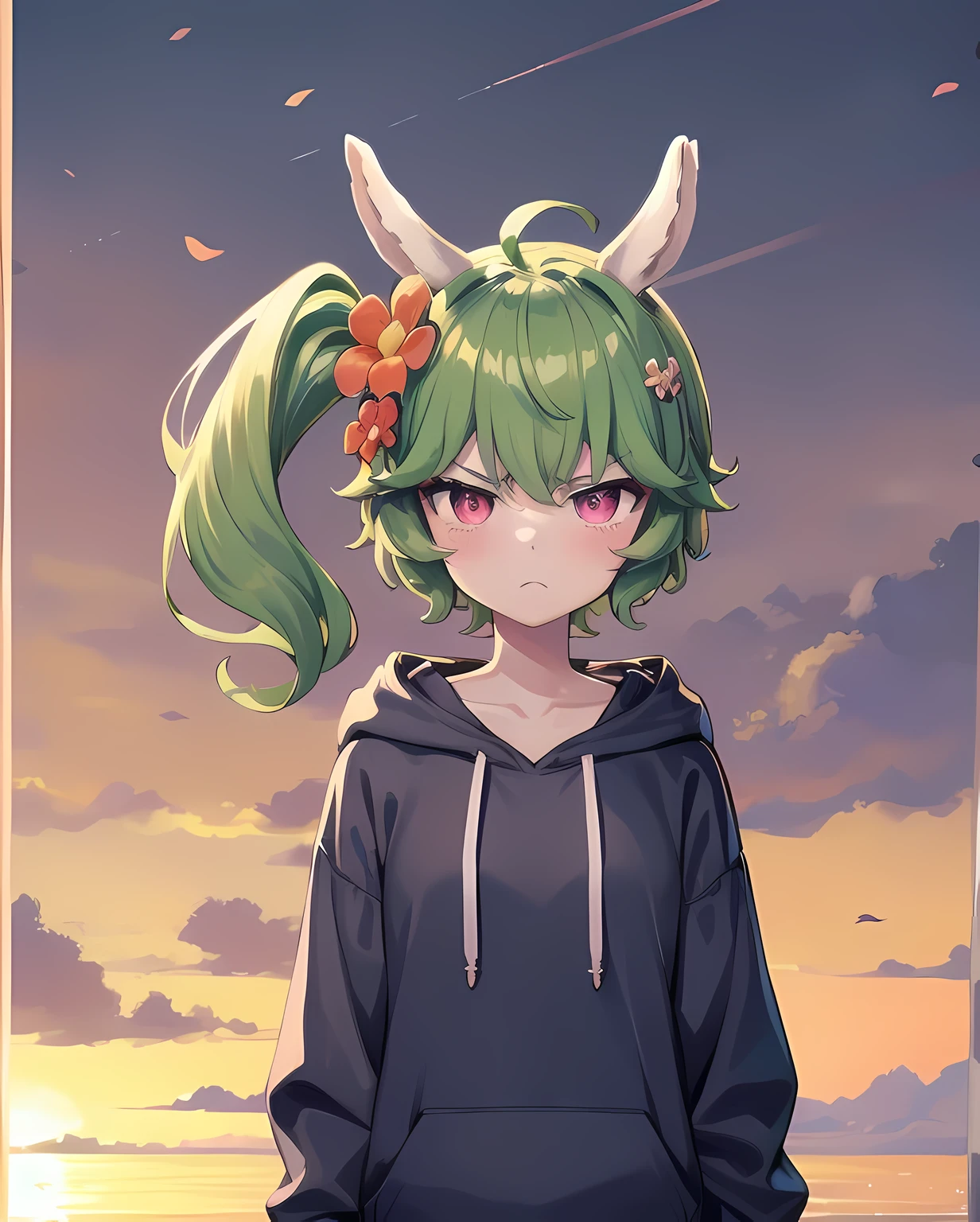 masterpiece,best quality,1girl,mayreel,alpaca ears,green hair,pink eyes,green hair,side ponytail,hair ornament,flower,long hair,light frown,tsundere, (white hoodie),single, (upper body)
