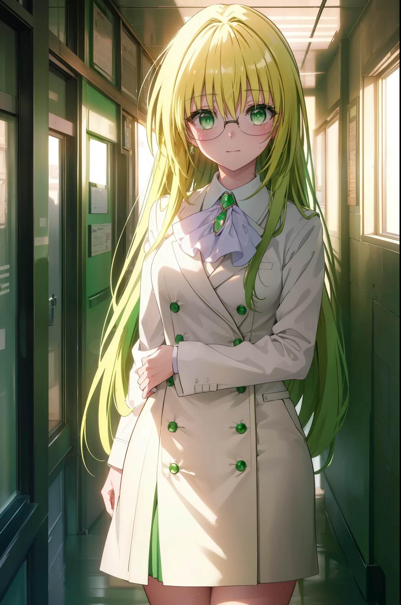 And tears, whimsical tierage, long hair, blonde hair, (green eyes:1.5), side lock, Glasses,smile,blush,
break shirt, collared shirt, white shirt, suit, formal suit, long sleeve, Ascot, white Ascot, gem, green gem, skirt, pencil skirt,stiletto heels,walking,
break indoors, School　corridor,
break looking at viewer, (cowboy shot:1.5),
break (masterpiece:1.2), highest quality, High resolution, unity 8k wallpaper, (figure:0.8), (detailed and beautiful eyes:1.6), highly detailed face, perfect lighting, Very detailed CG, (perfect hands, perfect anatomy),