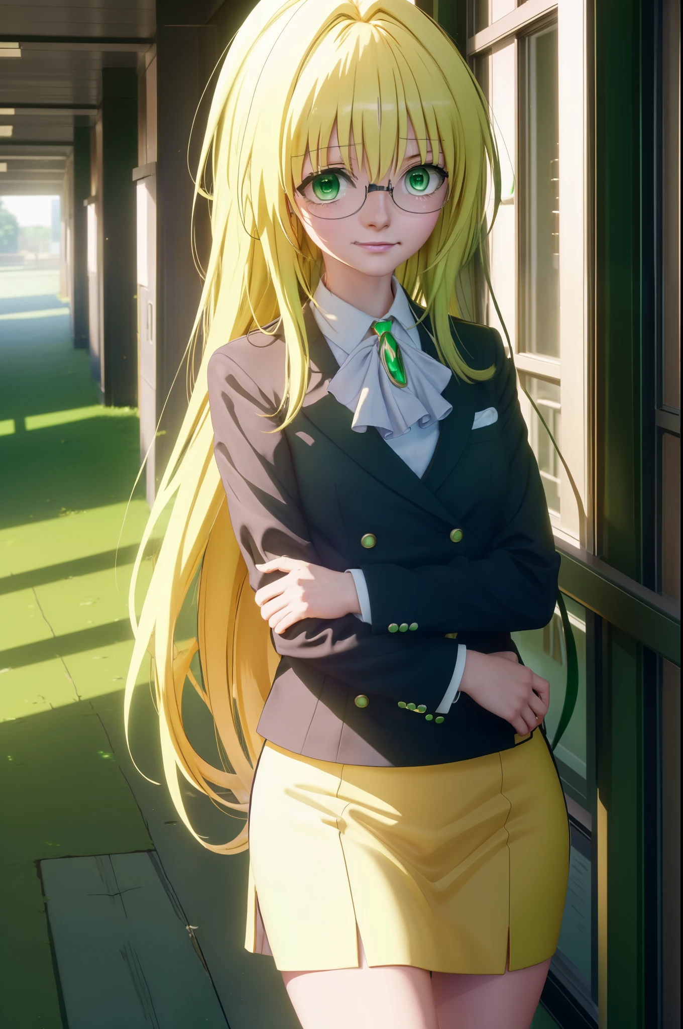 And tears, whimsical tierage, long hair, blonde hair, (green eyes:1.5), side lock, Glasses,smile,blush,
break shirt, collared shirt, white shirt, suit, formal suit, long sleeve, Ascot, white Ascot, gem, green gem, skirt, pencil skirt,stiletto heels,walking,
break indoors, School　corridor,
break looking at viewer, (cowboy shot:1.5),
break (masterpiece:1.2), highest quality, High resolution, unity 8k wallpaper, (figure:0.8), (detailed and beautiful eyes:1.6), highly detailed face, perfect lighting, Very detailed CG, (perfect hands, perfect anatomy),