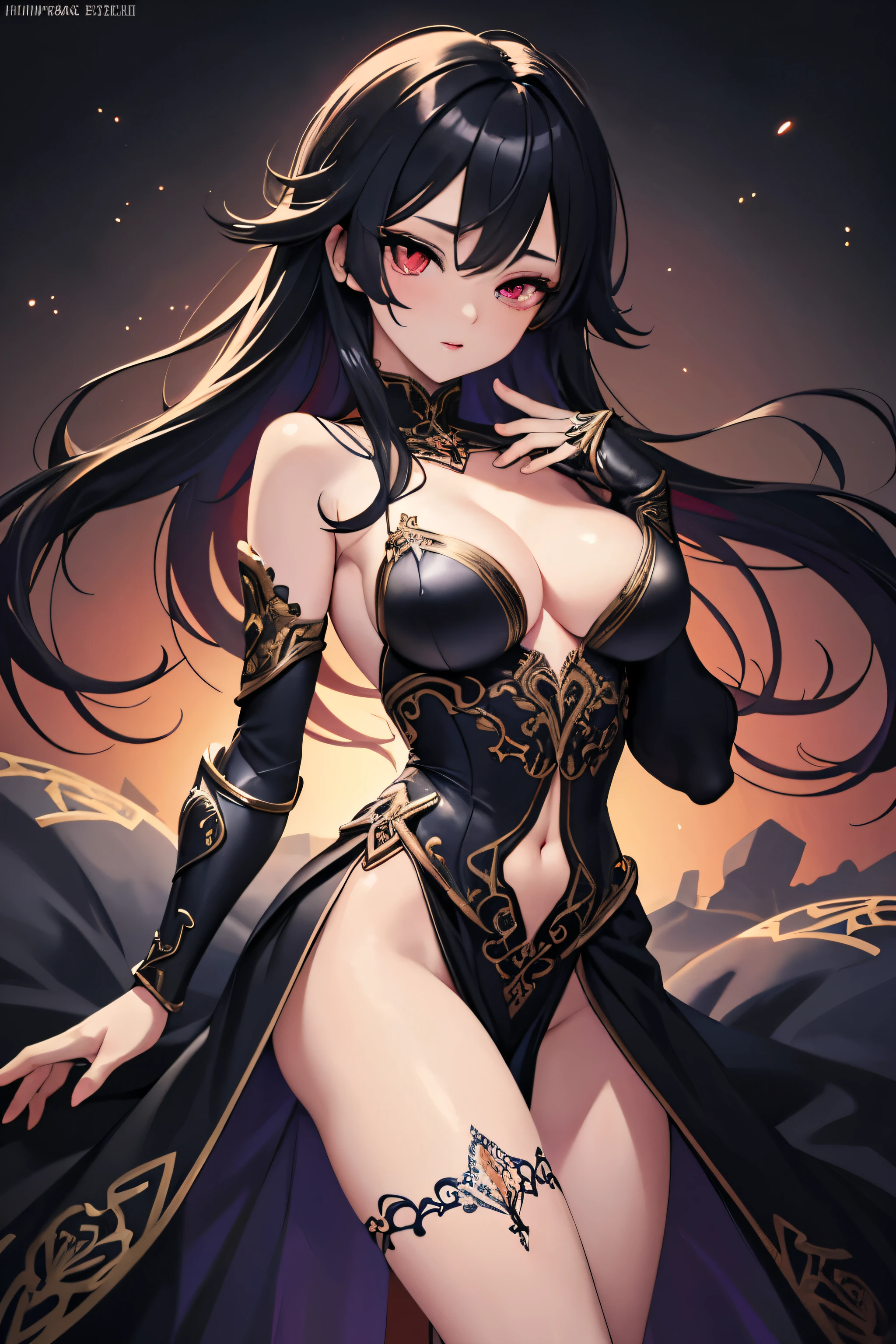 1girl, anime, cute girl, blank background, white background, fantasy, detailed fantasy dress with highlights, beautiful face, beautiful eyes, dark colors, black hair with multicolor streaks, red eye with different color pupil in eye, multicolor eye, medium small breasts (slightly big), slight cleavage, beautiful skin, cute, breast curtains, extremely delicate and beautiful, (beautiful detailed face:1.0), (detailed deep eyes), symmetrical breasts, deep eyes, shiny skin, portrait, slender waist, hips wider than shoulders, thighs, expressionless, young girl, luminous eyes, adorable，（Kpop idol）,（aegyo sal：1），（Platinum blonde hair：1），（（puffy eye）），Black panty，sexy posture，Superskirt, ultra high resolution，Black collar，slim figure, Abdominal y tattoo, womb tattoo，Tight-fitting leg ring，y tattoo on half-body，Bare skin, Armored hand，Hidden fingertips，Hand covered，Arm covered，Fist covered,{{beautiful detailed fingers}}, tufts of hair, moderate beautiful breast:1.0,(masterpiece:1.2), best quality, high-res, HDR, perfect face, intricate armor, delicate blue filigree, intricate filigree, red metalic parts, detailed part, dynamic pose, dynamic lights,