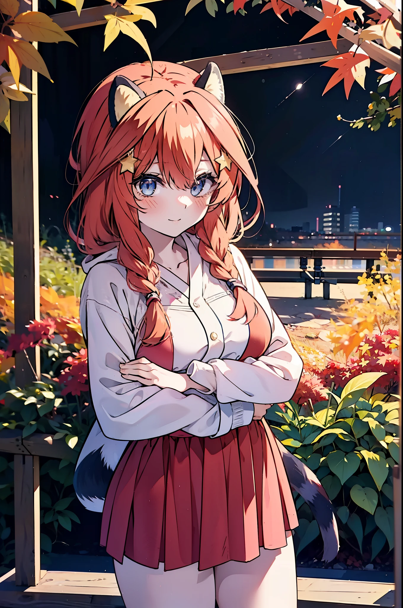 itsukinakano, itsuki nakano, bangs, blue eyes, hair between eyes, Ahoge, redhead, star \(symbol\), short braided hair,hair ornaments, star hair ornaments,smile,blush,animal ears　raccoon ears,animal tail　raccoon tail,Akabuchi Glasses,red hoodie,white long skirt,Cute Sandals,autumn leaves,autumn leavesが散っている,autumn leaves道,whole bodyがイラストに入るように,night,moonlight,moonlight,
break outdoors,garden,
break looking at viewer,whole body,(cowboy shot:1.5),
break (masterpiece:1.2), highest quality, High resolution, unity 8k wallpaper, (shape:0.8), (beautiful deしっぽed eyes:1.6), extremely deしっぽed face, perfect lighting, extremely deしっぽed CG, (perfect hands, perfect anatomy),