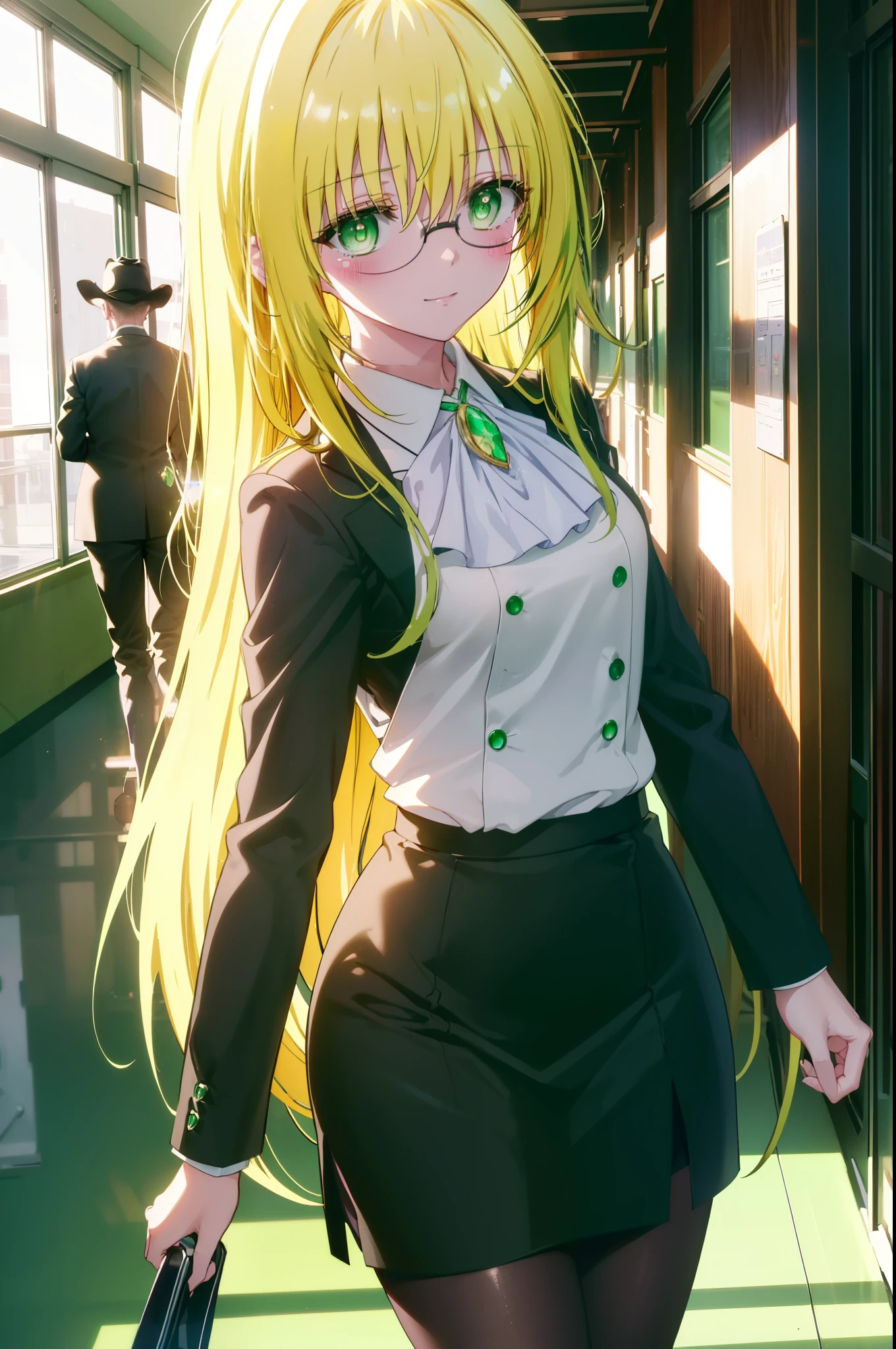 And tears, whimsical tierage, long hair, blonde hair, (green eyes:1.5), side lock, Glasses,smile,blush,
break shirt, collared shirt, white shirt, suit, formal suit, long sleeve, Ascot, white Ascot, gem, green gem, skirt, pencil skirt,black pantyhose,stiletto heels,walking,
break indoors, School　corridor,
break looking at viewer,whole body, (cowboy shot:1.5),
break (masterpiece:1.2), highest quality, High resolution, unity 8k wallpaper, (figure:0.8), (detailed and beautiful eyes:1.6), highly detailed face, perfect lighting, Very detailed CG, (perfect hands, perfect anatomy),