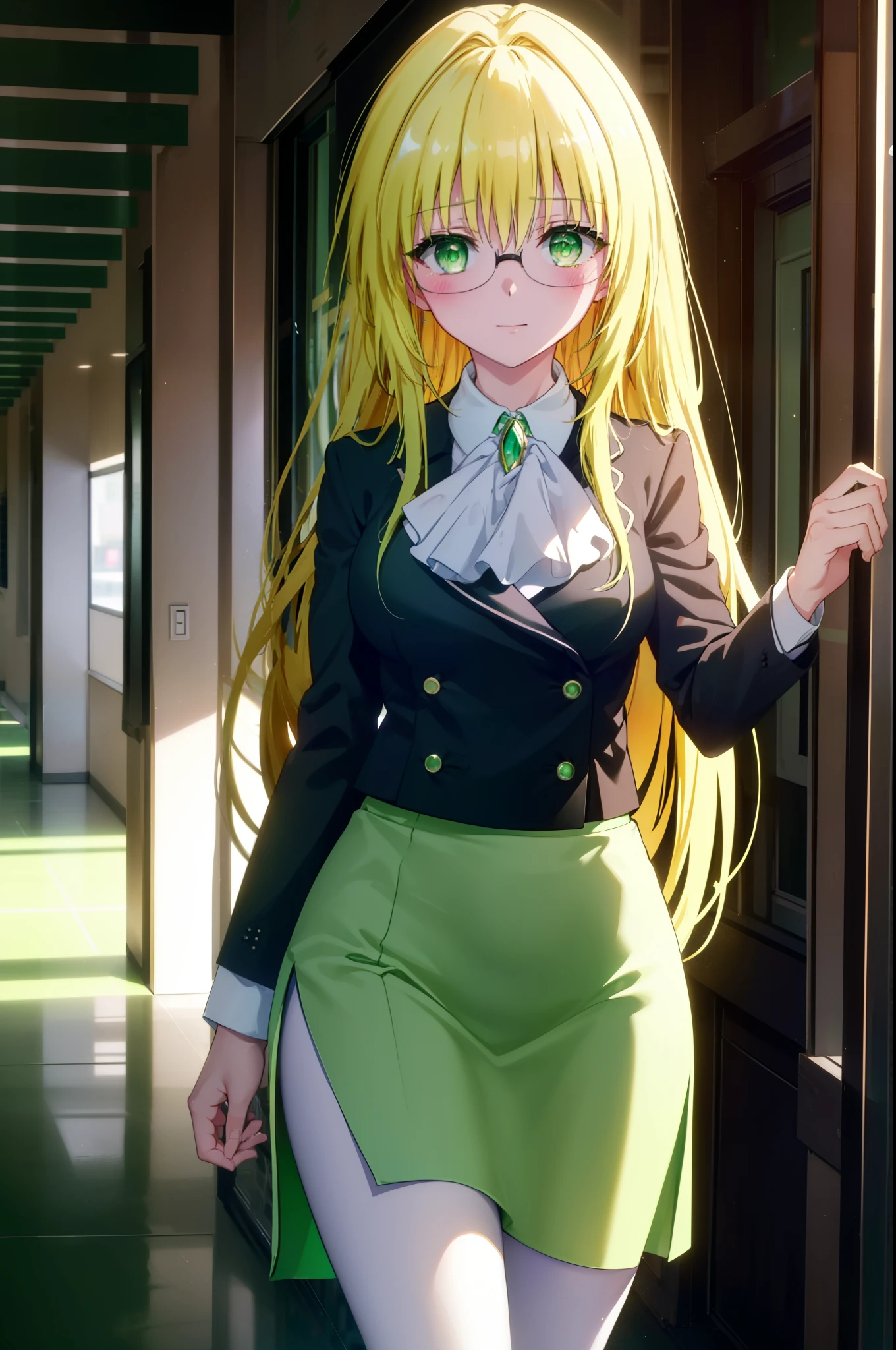And tears, whimsical tierage, long hair, blonde hair, (green eyes:1.5), side lock, Glasses,smile,blush,
break shirt, collared shirt, white shirt, suit, formal suit, long sleeve, Ascot, white Ascot, gem, green gem, skirt, pencil skirt,black pantyhose,stiletto heels,walking,
break indoors, School corridor,
break looking at viewer,whole body, (cowboy shot:1.5),
break (masterpiece:1.2), highest quality, High resolution, unity 8k wallpaper, (figure:0.8), (detailed and beautiful eyes:1.6), highly detailed face, perfect lighting, Very detailed CG, (perfect hands, perfect anatomy),