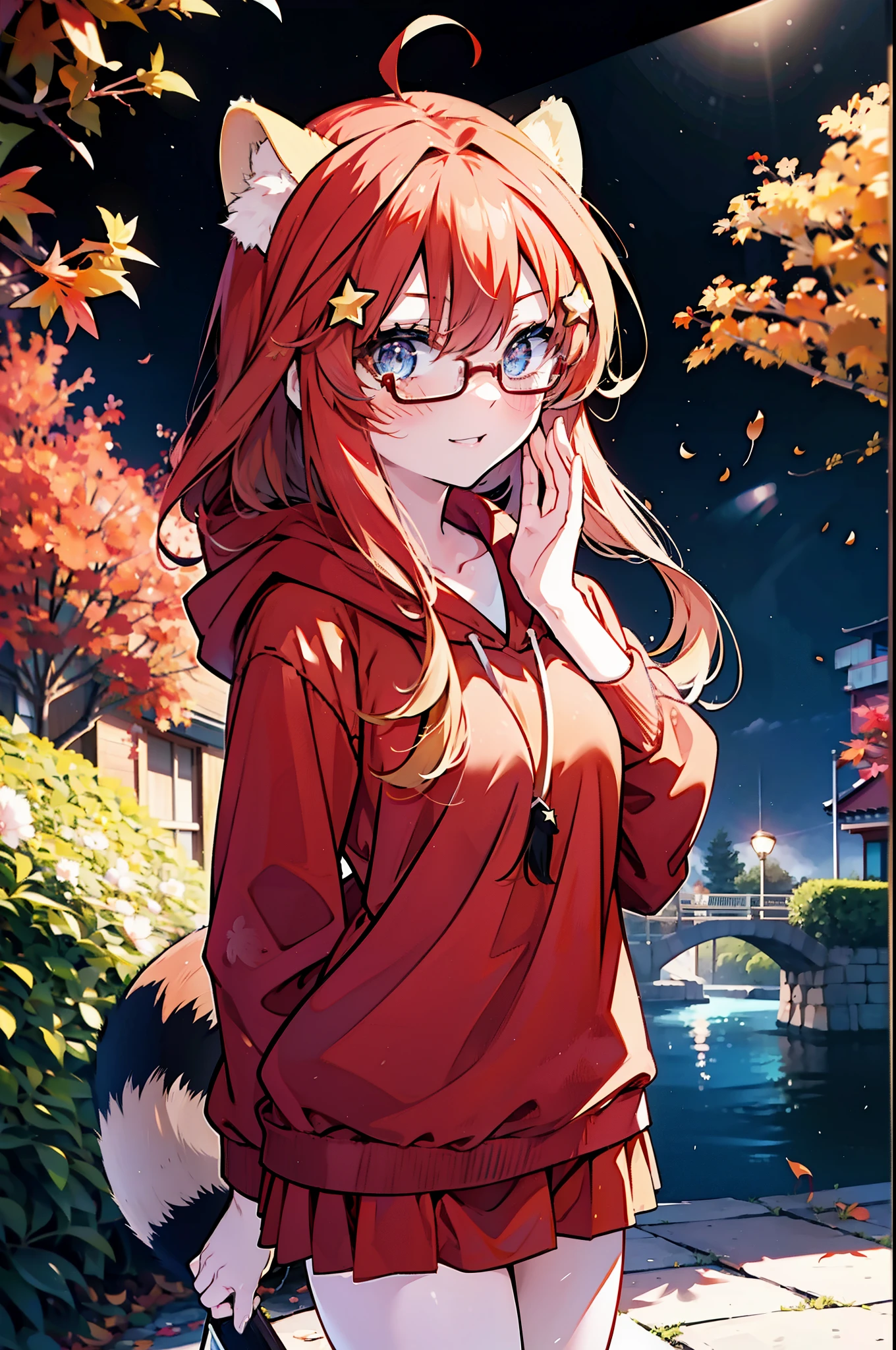 itsukinakano, itsuki nakano, bangs, blue eyes, hair between eyes, Ahoge, redhead, star \(symbol\), short braided hair,hair ornaments, star hair ornaments,smile,blush,animal ears　raccoon ears,animal tail　raccoon tail,Akabuchi Glasses,red hoodie,white long skirt,Cute Sandals,autumn leaves,autumn leavesが散っている,autumn leaves道,whole bodyがイラストに入るように,night,moonlight,moonlight,
break outdoors,garden,
break looking at viewer,whole body,(cowboy shot:1.5),
break (masterpiece:1.2), highest quality, High resolution, unity 8k wallpaper, (shape:0.8), (beautiful deしっぽed eyes:1.6), extremely deしっぽed face, perfect lighting, extremely deしっぽed CG, (perfect hands, perfect anatomy),