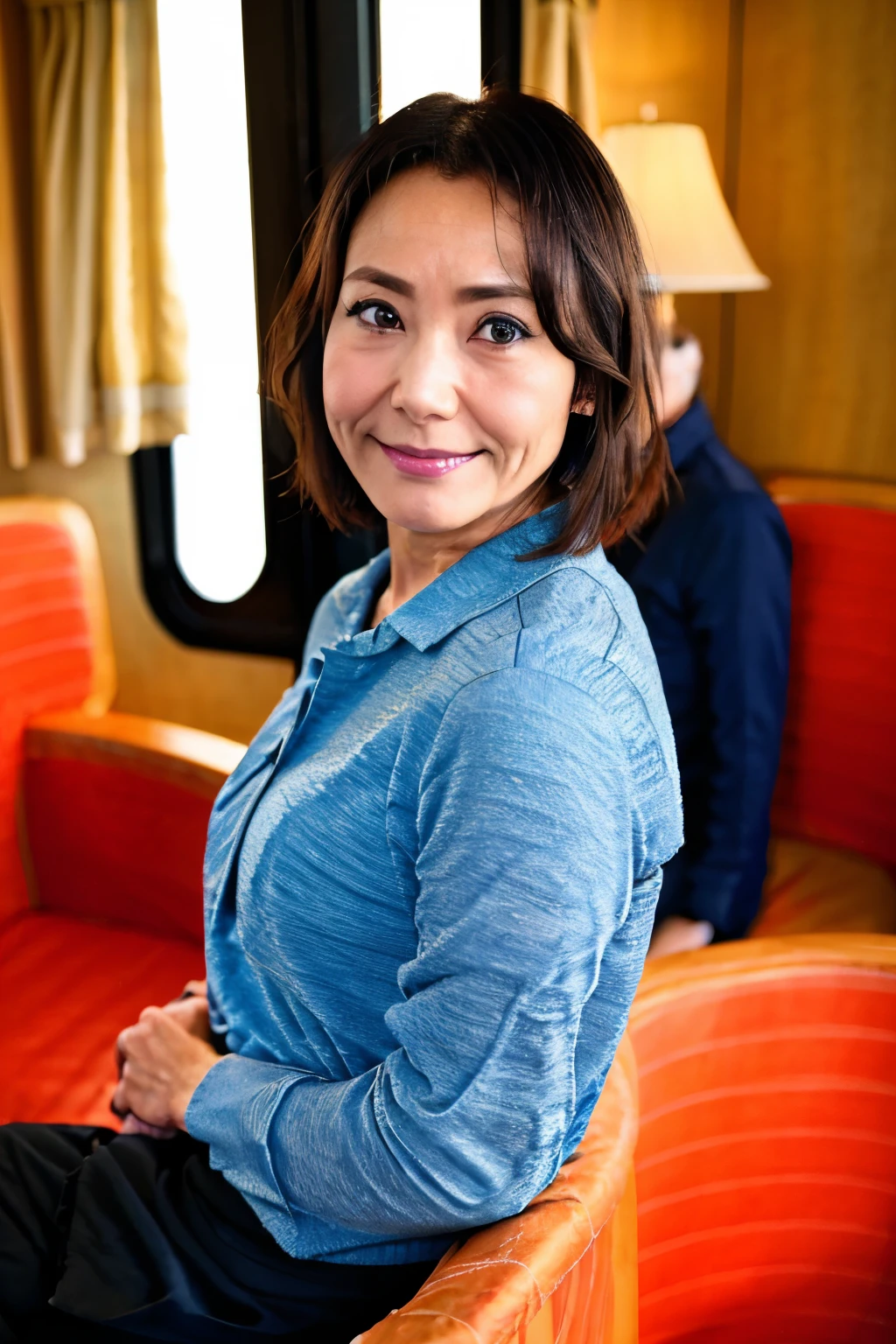 ((Top Quality)), ((8K)), ((Masterpiece: 1.3)), (Perfect Appearance), (Photorealism: 1.2), ((Unrealistic Composition)), 

(Inside a tourist train), Japanese woman working as a purser on a sightseeing train, (Occupation is parser), (52 years old), married woman, ((Realistic skin texture 1.8)), (Fine wrinkles throughout the skin: 1.3), (Dull skin: 1.1), (Skin without moisture: 1.2) , (Wrinkles on the face: 0.9), (Wrinkles on the corners of the eyes: 1.2), Double eyelids, tear bags on the lower eyelids, (Crying moles: 0.9), Lips are thinly opened, The corners of his mouth are raised and he smiles gently, (Dimples: 1.2), Short hair, (wearing a purser's uniform ), ((whole body)),