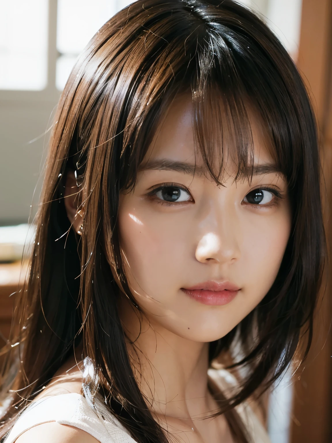 ((masterpiece、最high quality、realistic、super detailed、High resolution、Photoreal、sharp focus、photo-realistic、RAW photo、cinematic lighting、face light))、high contrast、high color saturation、high brightness、high quality、bust shot、Photorealistic portrait of stunningly beautiful woman、Hvery detailed brown eyes、Detailed symmetrical realistic face、Hvery detailed natural textureessy black hair、very detailed、finely、Highly colored、ultra realistic texture、dramatic lighting、looking at the viewer
