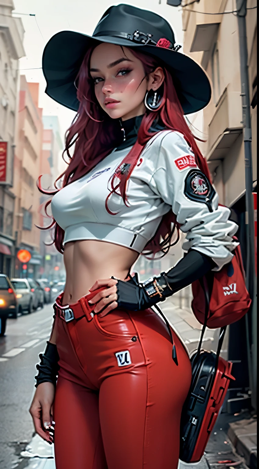 motor irreal:1.4,CG ultra realista K, fotorrealista:1.4, textura da pele:1.4, Obra-prima:1.4,Beautiful woman with long hair hat、Roupas curtas amarelas estilo cyberpunk, pantimedia vermelha , mini saia azul,