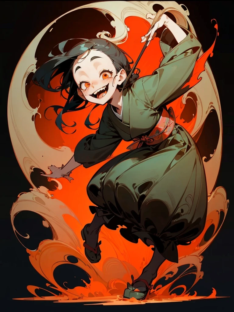 dancing girl、scribble, nightmare, doll-like face, cartoon style, rough sketch,(masterpiece), (High resolution), (super delicate), (clear), Comic book style illustrations, (Horror elements), Japanese painting, (snap shot), bugaboo, that'terrible, (Spooky), Japanese carving, primitive art, old picture scroll style, old staging, Ancient mural style, crazy illustration, antique, dark atmosphere, flat illustration, crazy smile, Spookyな外観, Characteristic hairstyle, creative accessories, Unique atmosphere、(realistic human structure)、cute face、looking at the camera