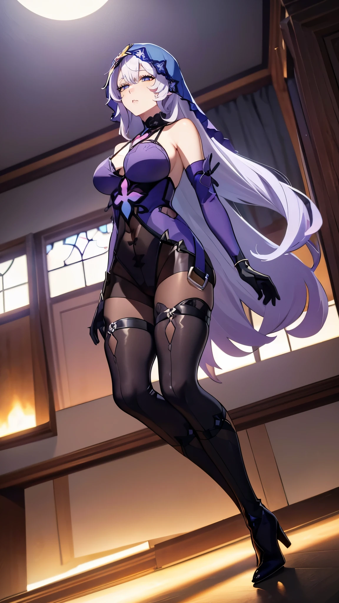 ((8K resolution))、((highest quality))、((masterpiece))、((Super detailed))((((dramatic))), (anatomically correct)、Depth of object being written、look at the camera、one person、one personの女性、veil, yellow eyes, long hair, elbow bag, bare shoulders, dress, pantyhose, thigh boots, high heels、front、toned arms, long and thin legs, Athletic Presence,(theme、w穴 body:1.1),Image of God