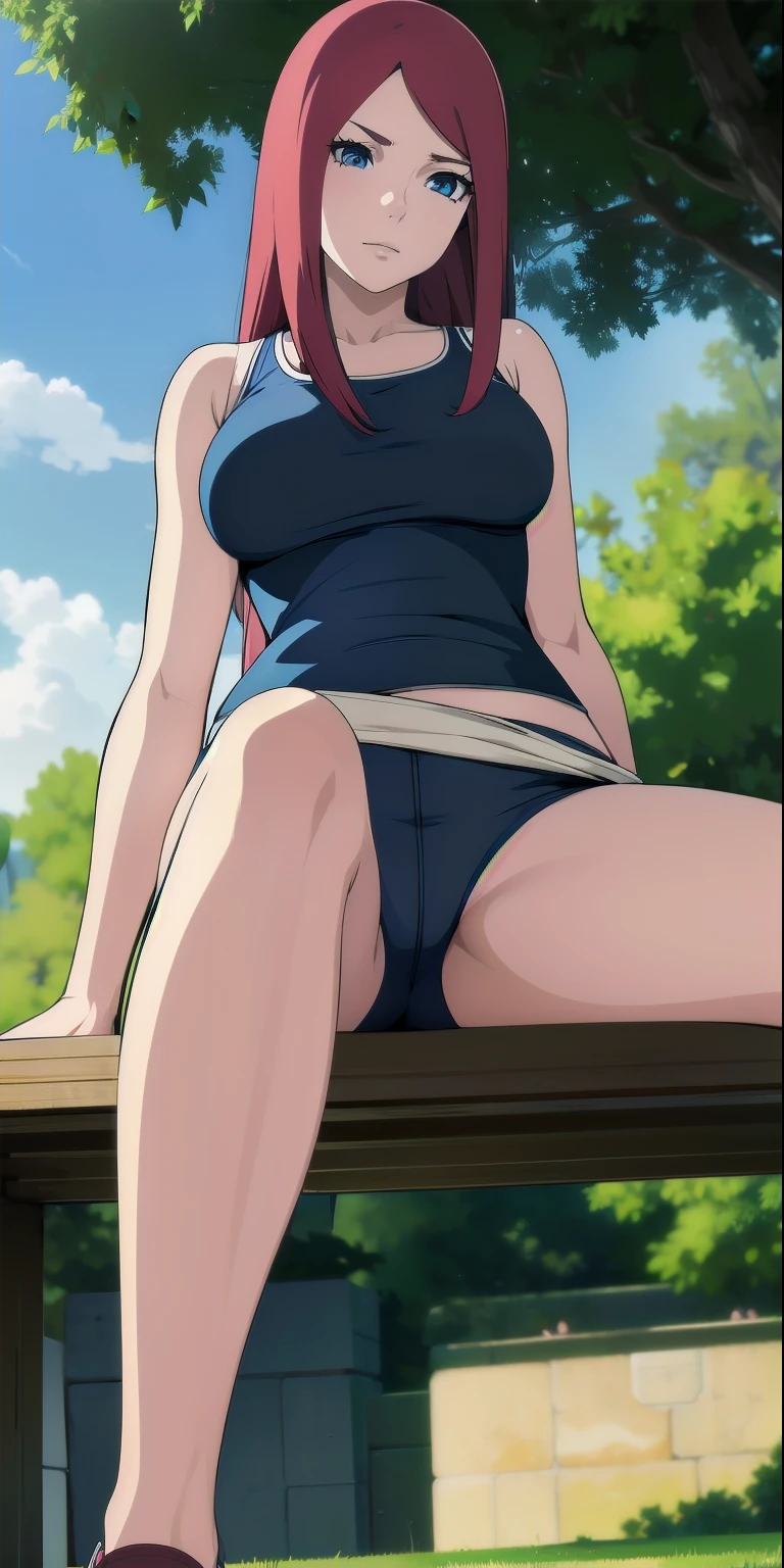 , (masterpiece), (best quality), (ultra-detailed), (extremely detailed cg), (a extremely delicate), (perfect lighting), (8k), (dynamic angle), (sharp image), vibrant colors, female, masterpiece, best quality, depth of field, cinematic lighting, masterpiece, best quality, ultra-detailed, colorful, vibrant, large breasts, thighs, mature female, solo, (masterpiece, best quality, high resolution, animescreencap, anime colored,), (perfect anatomy, beautiful detailed eyes, beautiful detailed body, beautiful breast, shiny skin), a sexy mature anime lady is sitting in a bench,(kushina uzumaki), red hair, hair pin, legs open wide, cameltoes, looking at viewer, blushing,embarrassed, garden background, sun, skies, clouds, laced panties(blue), tank top, sandals, slim waist, arms behind head, looking from below