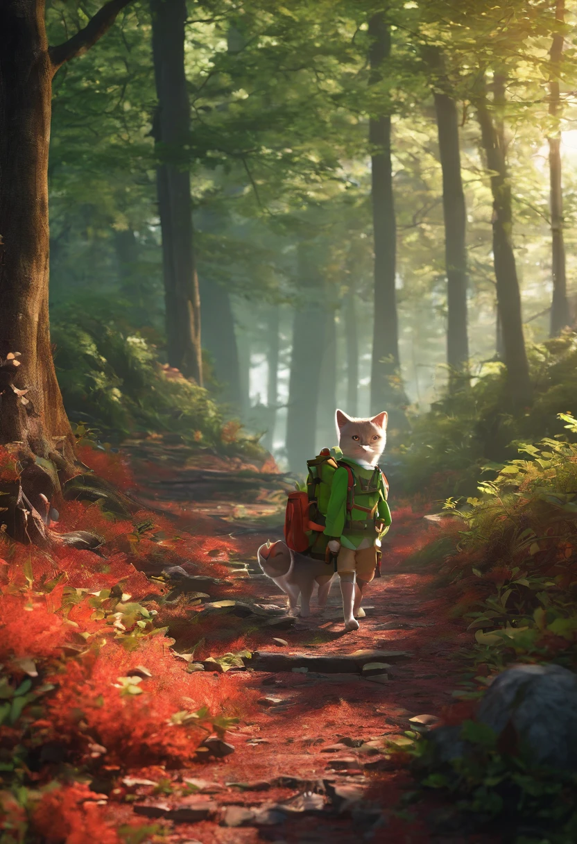 ((An explorer's Cute Cat looks at the map and hikes through the forest)),
(Look at the map:1.37),hairy, Big green bright eyes,, The rabbit wears a stylish green adventure outfit, green shorts, Wear red hiking boots on your feet, cute ears, (Green camping hat, Carry a green backpack with you, trowels, camping equipment, compass,)
(Curious to explore expressions:1.37), Exaggerated,Cartoon, 4D, Fox,at centre,Three-point system
Add a little background: Autumn Leaf Forest Trail Red Forest, autumn forest, red illuminating fog, In a red dream, really beautiful forest, Beautiful forest, Beautiful hazy wood, Red shade spray, Breathable and beautiful trees, breath-taking beautiful trees, red fog, beautiful forests and trees, Bright but dark red, red trees, a 3D render
{{Masterpiece}}, {{{Best quality}}}, {{Ultra-detailed}}, {{{illustration}}},concept art of character,Game scene graph,Clear facial features,close up photograph,Photography,postapocalyptic,Masterpiece,archviz/building rendering,rendering,corona rendered,rendering by octane,v-ray,High detail,hyper qualit,high resolution,trending on artstationh,hyper photorealism,surrealism,k hd,8K tilt shift,Long shot,Split Lighting,