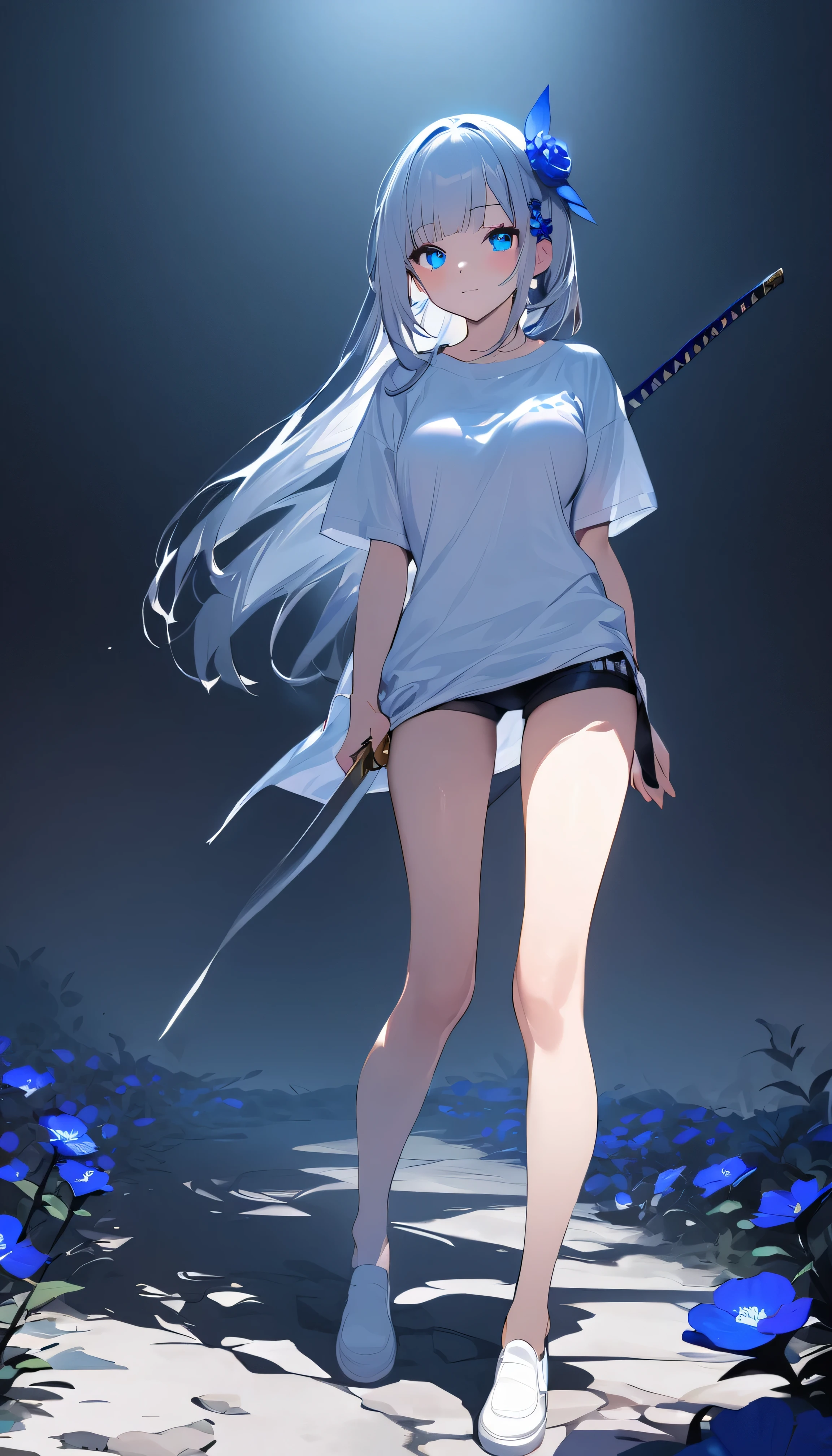 Masterpiece, saturate, full HD, best quality, 1girl, ( young girl, cute girl), slim body.medium breast, white hair.detailed beautiful eyes. Glowing eye. Bright blue eyes, long hair, bangs, white T - shirt oversized, holding katana. Blue flower hair ornament, shadows surrounding girl, foggy theme, rocky plain background and many swords sticking into the ground, foggy
 