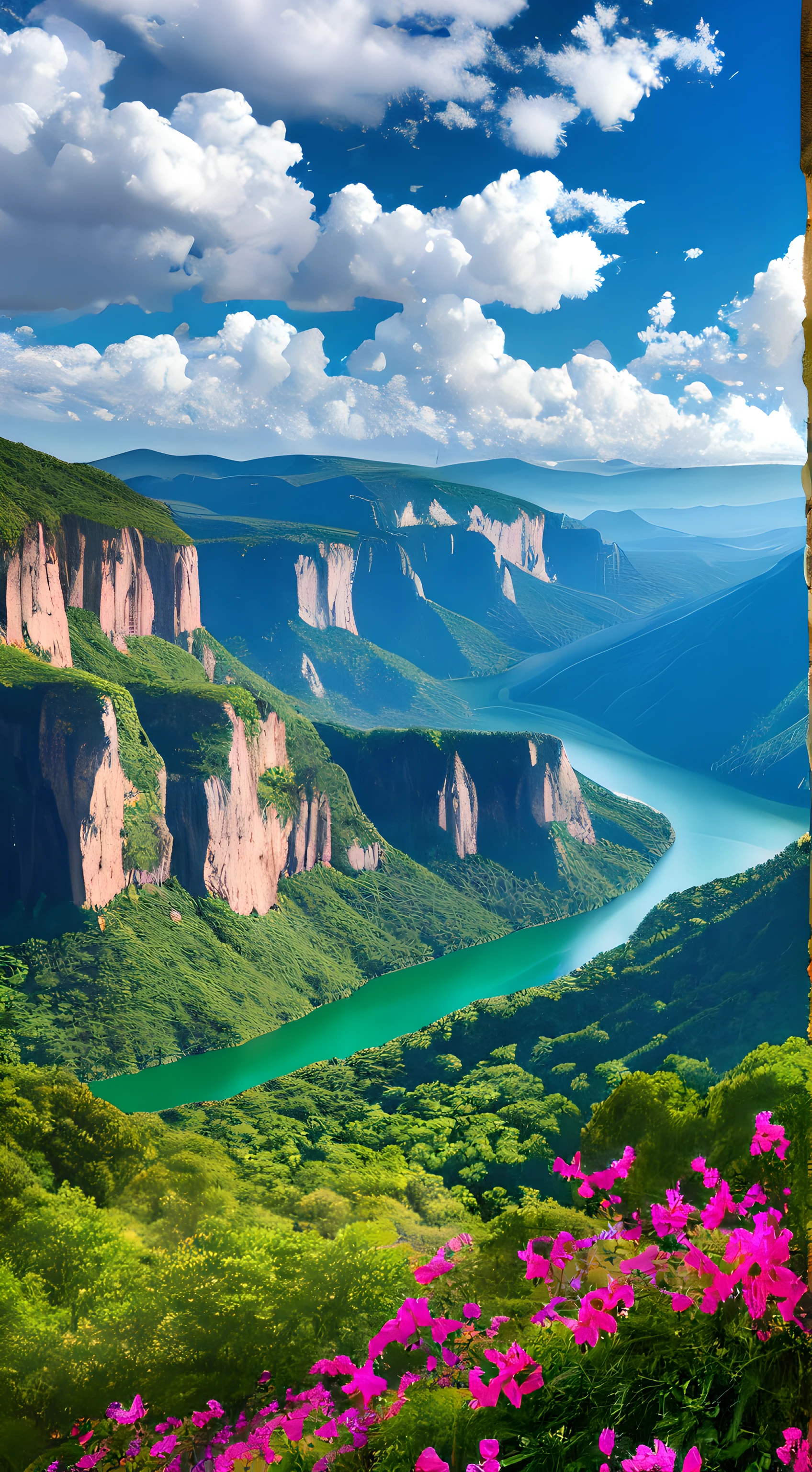 masterpiece, ultimate quality, Cg unified 8k wallpaper, Super exquisite, beautiful sky and clouds, rich natural scenery, cliff, lakes and rivers, waterfalls and flying water, beautiful green mountains, no trace of anyone, Excellent scenery, Have won a photography contest, background blur, panoramic depth, HDR high dynamic, True restoration, complex, Extreme details, dramatic presentation, Perfect presentation of Midway’s artistic style.