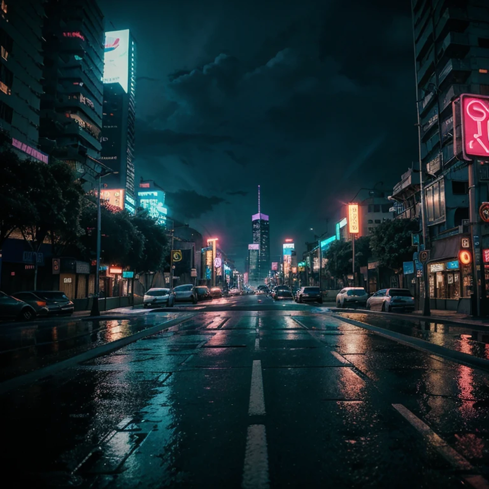 retrowave style, neon background, artistic photography of a cyberpunk city, skyscrapers in the background, extremely detailed,  roadbed,  The road in the foreground, very detailed, trees, rain, twilight, moon, garbage, leaflets on the road and in the air