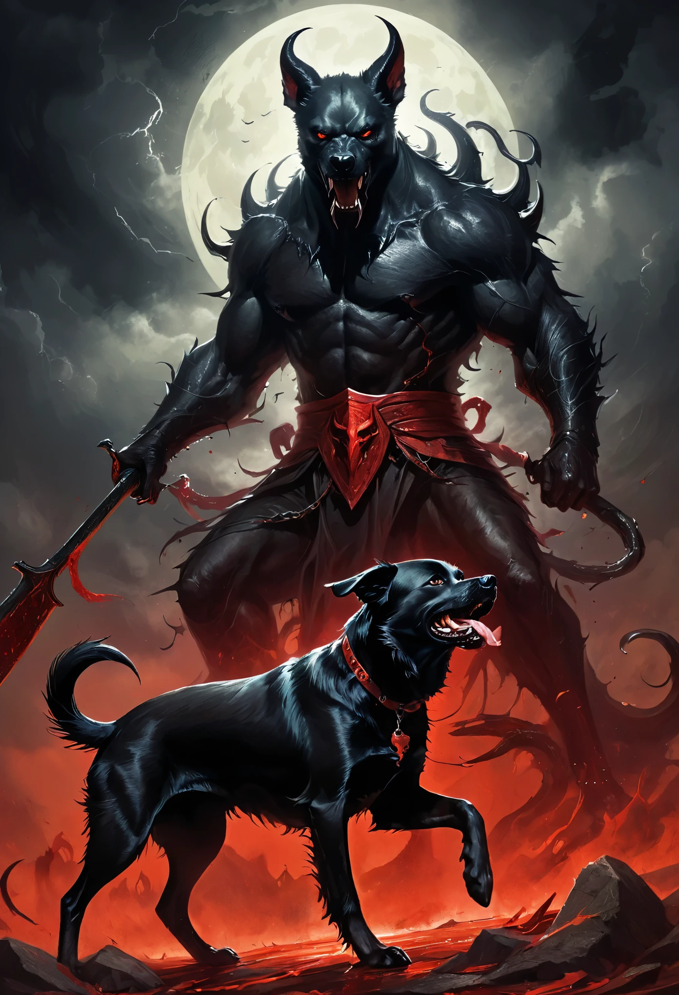 super terrifying demon slaughtering a black dog 