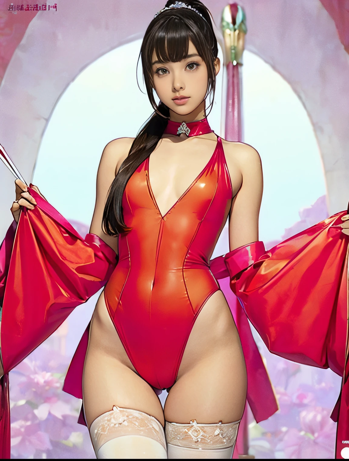 whole body、((beautiful girl、Cute type))、((Beautiful 14 year old girl))、 ((leotardsbeautiful girl：1.5))、((A beautiful girl wearing a three-coloRed leotard: Red, green, and white.))、((shouted in surprise))、((please open your eyes：1.5))、((from below：1.5))、Ultra-fine painting、((両脚を左右に開いてstand：1.8))、((Beautiful 14 year old girl))、((beautiful girl wearing a tiara))、((((baton twirl))))、((huge ))、open mouth、(Live shooting)、(masterpiece:1.4)、(best quality:1.4)、((stand))、((long hair ponytail))、((Have bangs：1.4))、((thin thighs：1.5))、Beautiful girl with a fuchsia Reddish choker around her neck、Delicate skin、Thigh clearance、((City))、[:(Face:1.2):0.2]、clavicle、((Hasselblad photos))、(((camel toe)))