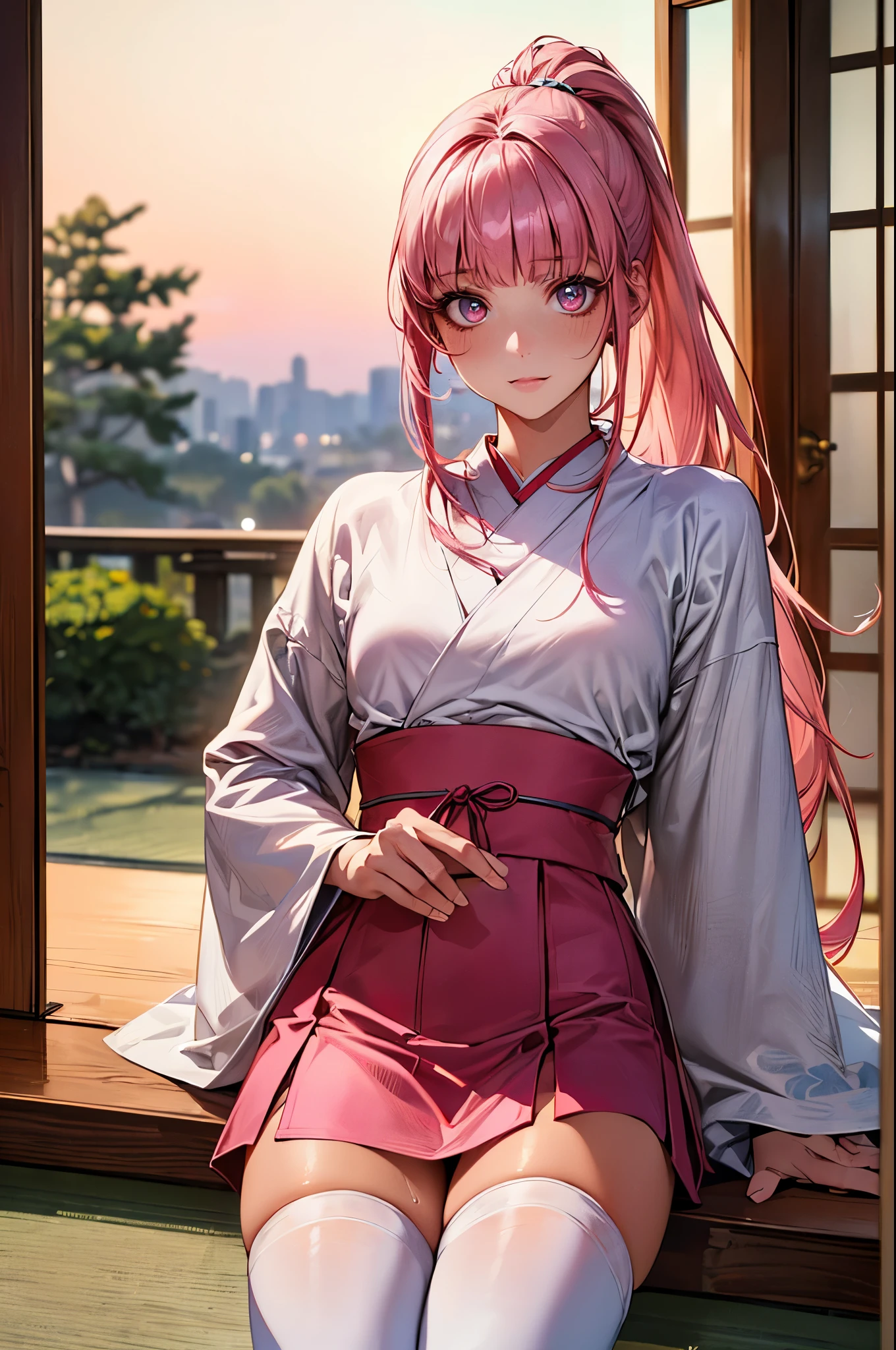 ((perfect anatomy,realistic,:1.3,RAW Photography:1.3,masterpiece、highest quality、Ultra - High resolution、High resolution、Highly detailed CG、8K)),cowboy shot,1 female,solo,20 year old beauty,((beautiful detailed face and eyes,big gorgeous eyes),pink eyes,(pink hair,ponytail,long hair,blunt bangs,straight hair)),(medium breasts,slender body,small head,skinny,tan skin,gleaming skin,shiny skin,sweat),(white kimono、pink mini skirt,white_thighhighs),sitting、Japanese style room、Japanese-style house、Tokyo、moonlight、