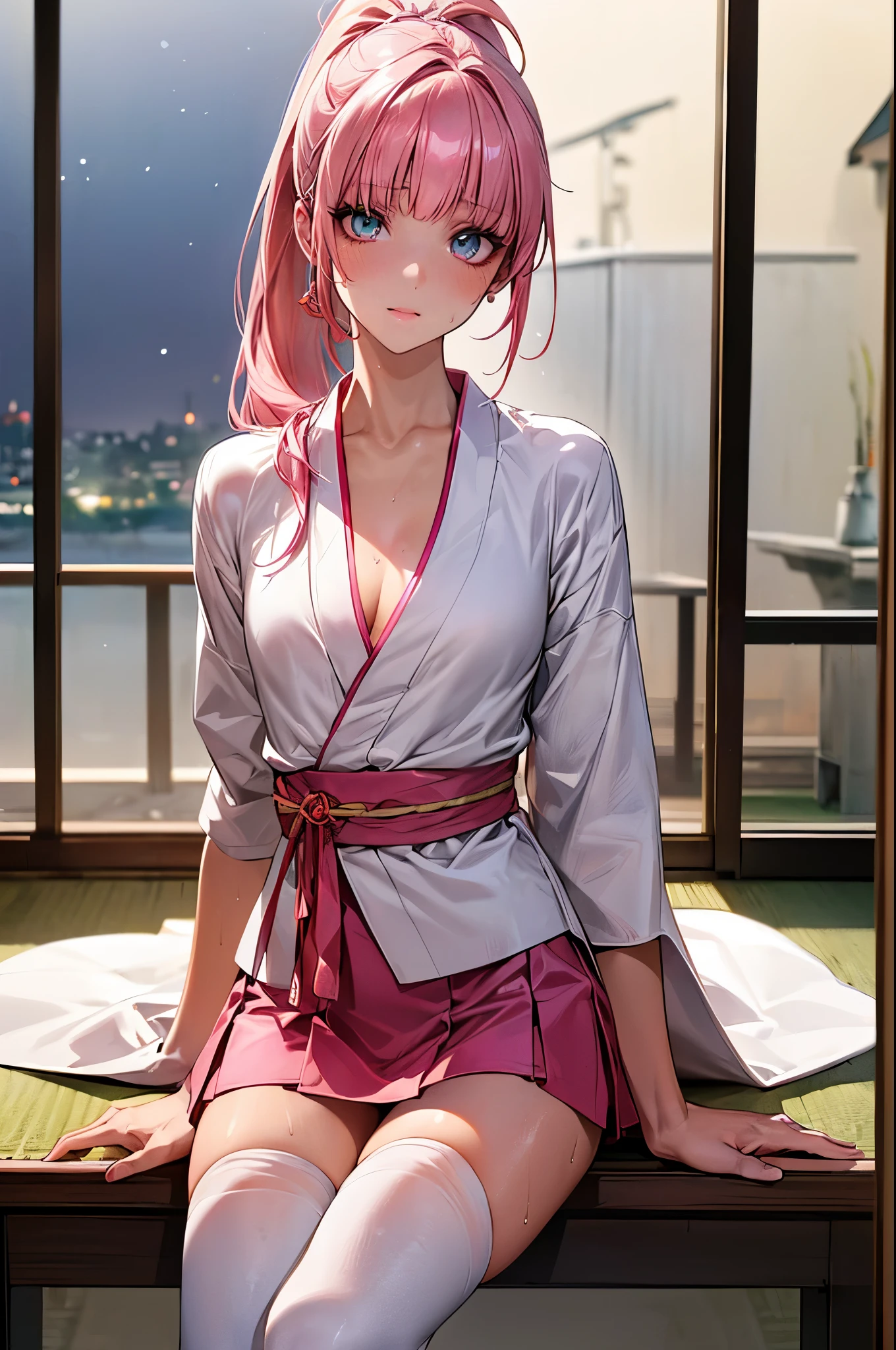 nsfw,((perfect anatomy,realistic,:1.4,RAW Photography:1.3,masterpiece、highest quality、Ultra - High resolution、High resolution、Highly detailed CG、8K)),1 female,solo,((20 year old beauty,beautiful detailed face and eyes,gorgeous eyes,pink eyes)),((pink hair,ponytail,long hair,blunt bangs,straight hair)),((medium breasts,slender body,small head:1.4,skinny)),(oily skin,gleaming skin,shiny skin,sweat:1.4),((tops:Karate's white uniform, cleavage,sleeveless、bottomless:1.5,spread vagina,damp crotch、love juice:1.5)),kneeling,spread legs:1.5,steam:1.5,heavy breathing:1.5,Japanese-style garden、Japanese-style house、Tokyo、moonlight、