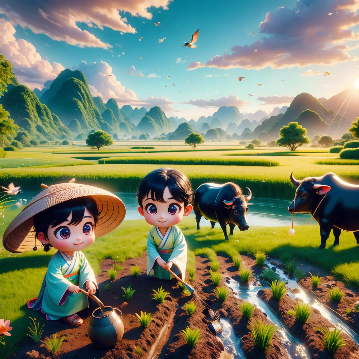 (((Spring Morning)))，A cute little Chinese boy，Dressed in light-colored Hanfu，Planting vegetables with a hoe，A black cow eats grass，From Bubble Mart。she is in the fields，distant river、grassland，There are mountains in the distance，birds circling in the sky，With green onions。Disney-Pixar-style characters，big watery eyes，bright colors。Ray tracing、Octane refining technology，Wide-angle view，clay material，animated lights。3D production，Use C4D、Overclocked rendering