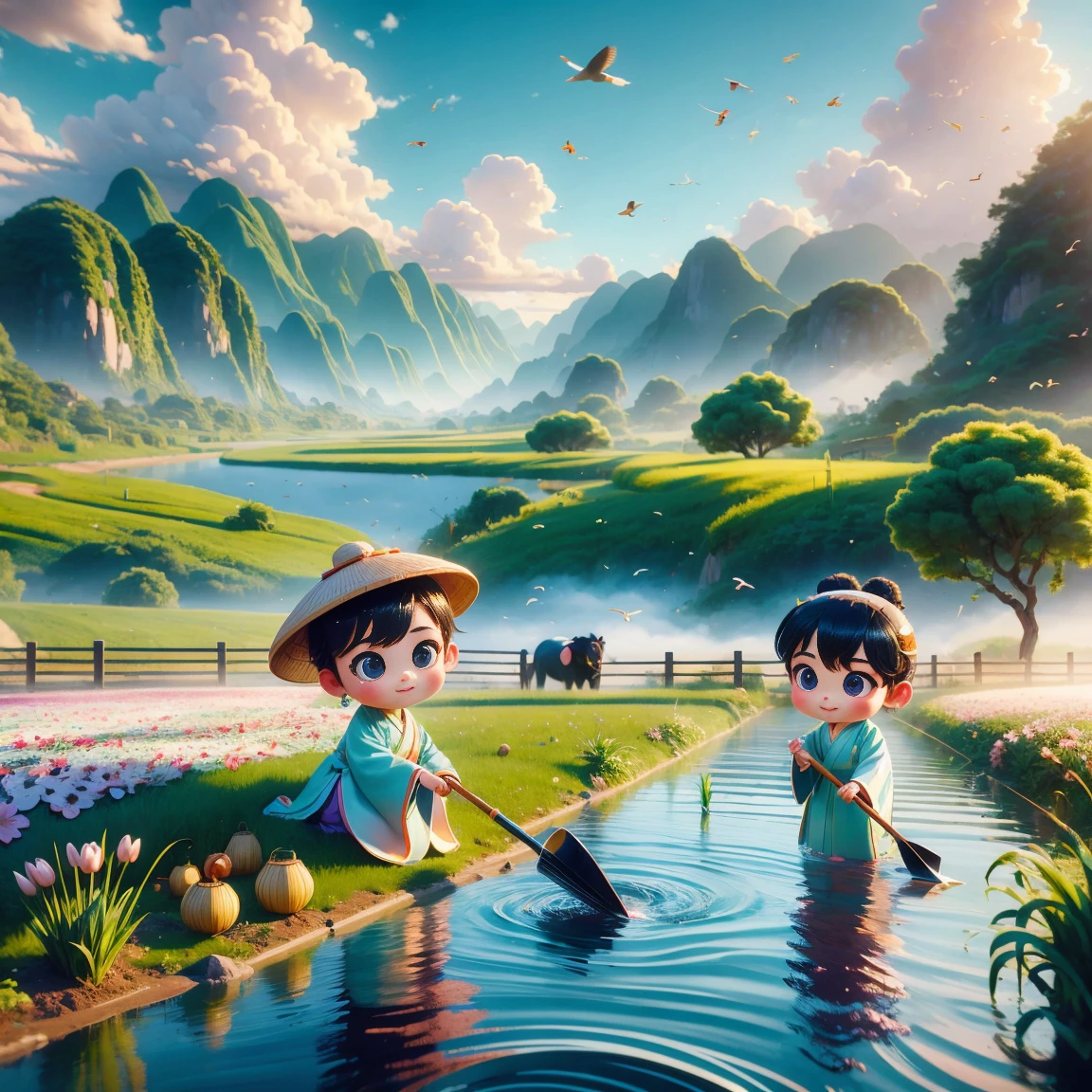 (((Spring Morning)))，A cute little Chinese boy，Dressed in light-colored Hanfu，Planting vegetables with a hoe，A black cow eats grass，From Bubble Mart。she is in the fields，distant river、grassland，There are mountains in the distance，birds circling in the sky，With green onions。Disney-Pixar-style characters，big watery eyes，bright colors。Ray tracing、Octane refining technology，Wide-angle view，clay material，animated lights。3D production，Use C4D、Overclocked rendering