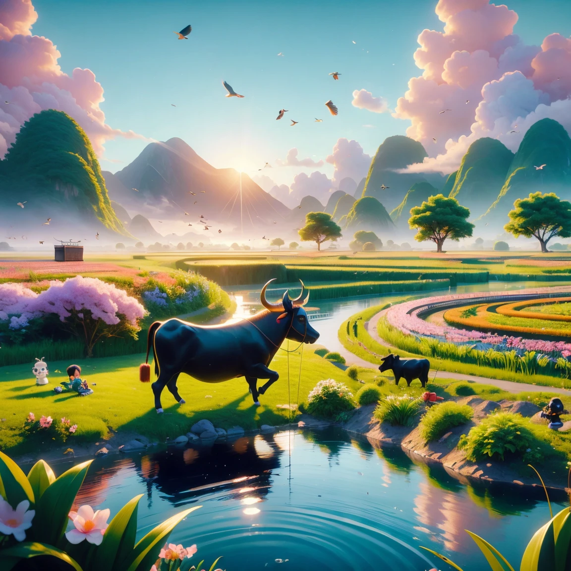 (((Spring Morning)))，A cute little Chinese boy，Dressed in light-colored Hanfu，Planting vegetables with a hoe，A black cow eats grass，From Bubble Mart。she is in the fields，distant river、grassland，There are mountains in the distance，birds circling in the sky，With green onions。Disney-Pixar-style characters，big watery eyes，bright colors。Ray tracing、Octane refining technology，Wide-angle view，clay material，animated lights。3D production，Use C4D、Overclocked rendering