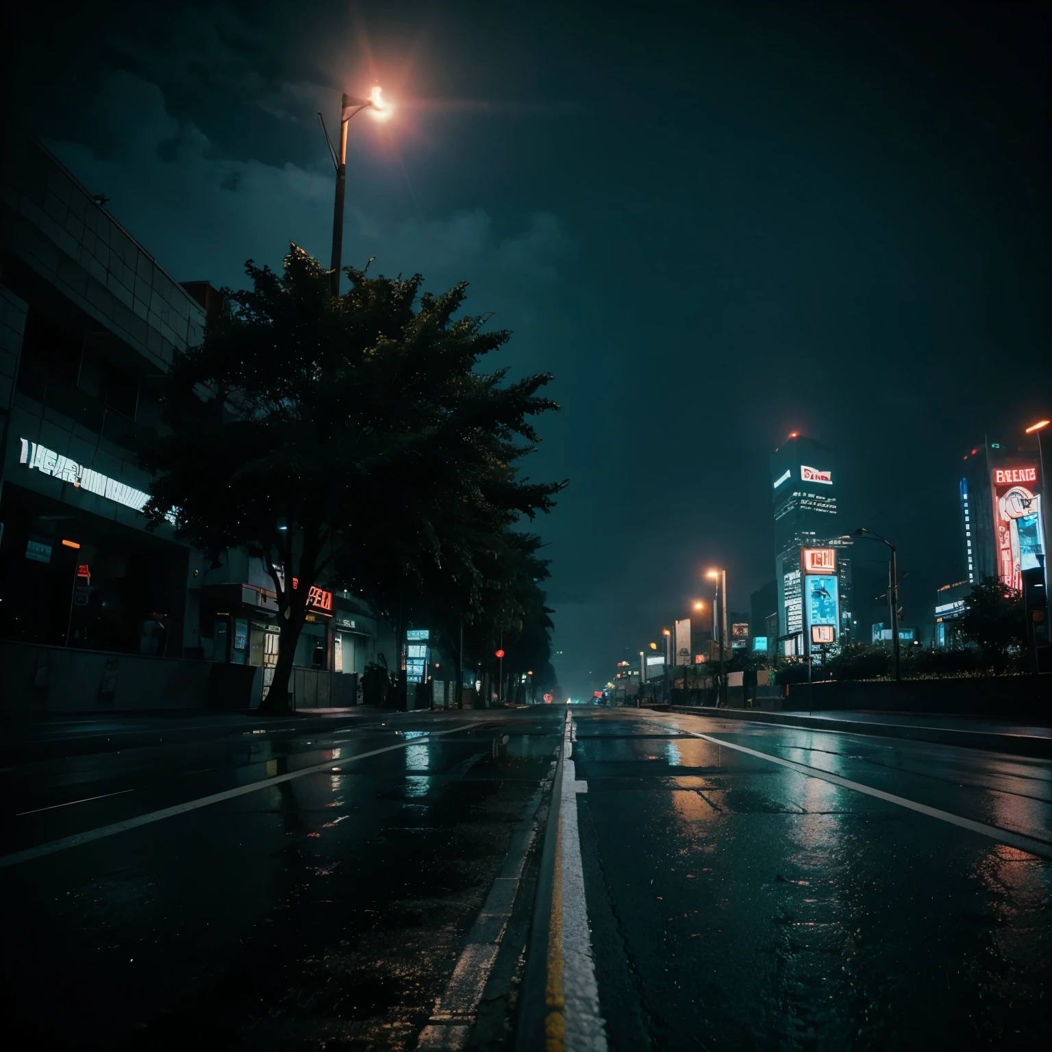 retrowave style, neon background, artistic photography of a cyberpunk city, skyscrapers in the background, extremely detailed,  roadbed,  The road in the foreground, very detailed, trees, rain, twilight, moon