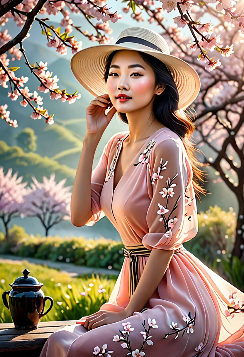 (best quality,4k,8k,highres,masterpiece:1.2),ultra-detailed,(realistic,photorealistic,photo-realistic:1.37),A lanky Asian woman in a (peach translucent summer dress, wide brimmed hat, sunglasses),is drinking her coffee while watching sunrise, spring morning, cherry blossoms,gleaming dew drops,gentle breeze,rays of sunlight filtering through the branches,soft pink petals swirling in the air,natural beauty,serene atmosphere,conscious expression,peaceful ambiance,delicate flowers,intimate connection with nature,tranquil setting,distant mountains,pure serenity,beautiful contrast between the vibrant colors and the calm surroundings,endless horizon,quiet serenade of birds chirping,muted colors,subtle shade of sunlight,ethereal silhouette,dappled light,morning mist,evoking a sense of tranquility,Film Noir touch,exquisite detailing in facial features,fine lines and brushstrokes,true-to-life colors and textures,unmistakable sense of serenity,subdued elegance,vivid colors blended harmoniously,softness of nature,picturesque scene,sublime calmness,sophistication,refined craftsmanship,artistic depiction,eyes filled with wonder and contentment