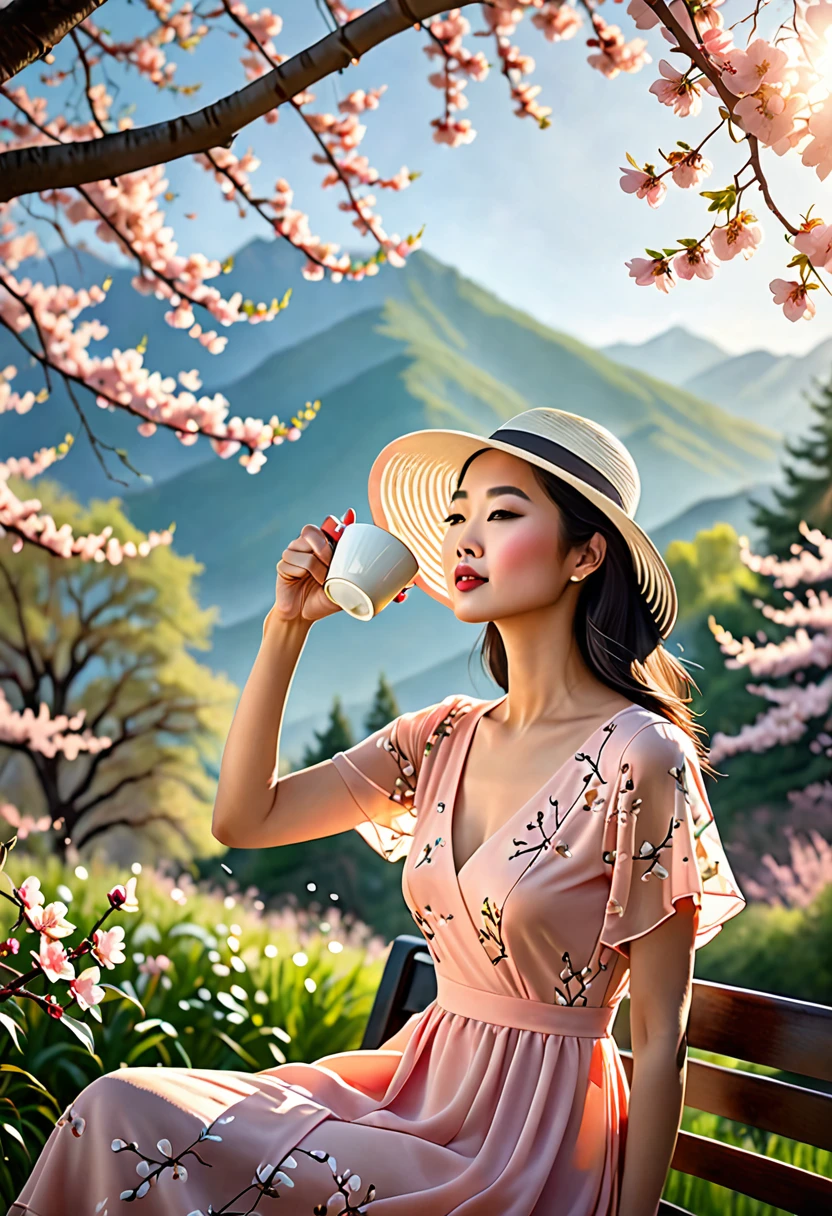 (best quality,4k,8k,highres,masterpiece:1.2),ultra-detailed,(realistic,photorealistic,photo-realistic:1.37),A lanky Asian woman in a (peach translucent summer dress, wide brimmed hat, sunglasses),is drinking her coffee while watching sunrise, spring morning, cherry blossoms,gleaming dew drops,gentle breeze,rays of sunlight filtering through the branches,soft pink petals swirling in the air,natural beauty,serene atmosphere,conscious expression,peaceful ambiance,delicate flowers,intimate connection with nature,tranquil setting,distant mountains,pure serenity,beautiful contrast between the vibrant colors and the calm surroundings,endless horizon,quiet serenade of birds chirping,muted colors,subtle shade of sunlight,ethereal silhouette,dappled light,morning mist,evoking a sense of tranquility,Film Noir touch,exquisite detailing in facial features,fine lines and brushstrokes,true-to-life colors and textures,unmistakable sense of serenity,subdued elegance,vivid colors blended harmoniously,softness of nature,picturesque scene,sublime calmness,sophistication,refined craftsmanship,artistic depiction,eyes filled with wonder and contentment