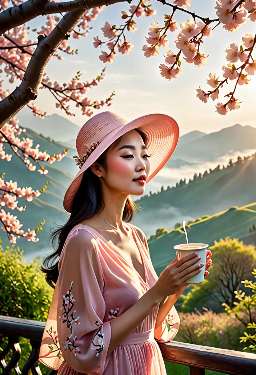 (best quality,4k,8k,highres,masterpiece:1.2),ultra-detailed,(realistic,photorealistic,photo-realistic:1.37),A lanky Asian woman in a (peach translucent summer dress, wide brimmed hat, sunglasses),is drinking her coffee while watching sunrise, spring morning, cherry blossoms,gleaming dew drops,gentle breeze,rays of sunlight filtering through the branches,soft pink petals swirling in the air,natural beauty,serene atmosphere,conscious expression,peaceful ambiance,delicate flowers,intimate connection with nature,tranquil setting,distant mountains,pure serenity,beautiful contrast between the vibrant colors and the calm surroundings,endless horizon,quiet serenade of birds chirping,muted colors,subtle shade of sunlight,ethereal silhouette,dappled light,morning mist,evoking a sense of tranquility,Film Noir touch,exquisite detailing in facial features,fine lines and brushstrokes,true-to-life colors and textures,unmistakable sense of serenity,subdued elegance,vivid colors blended harmoniously,softness of nature,picturesque scene,sublime calmness,sophistication,refined craftsmanship,artistic depiction,eyes filled with wonder and contentment