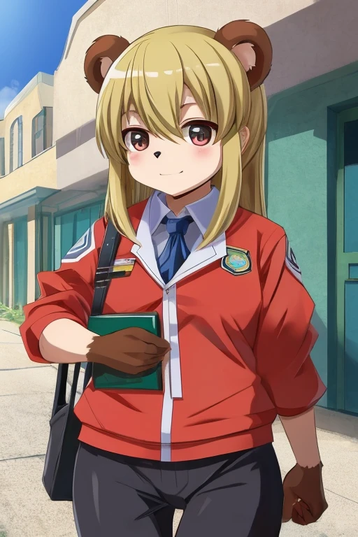 garota tanuki, 14 anos de idade, furry, usando uniforme escolar (estilo de escolas japonesas), corpo bem definido, na rua indo para a escola, imagem de melhor qualidade, super detalhada, estilo anime