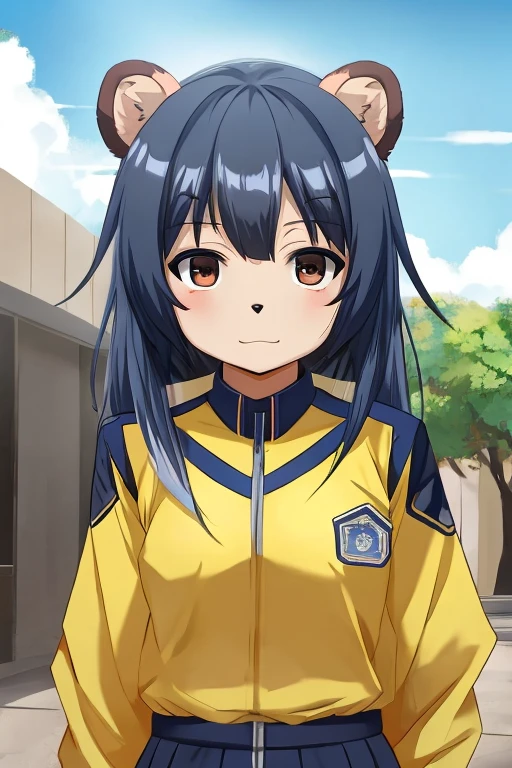 garota tanuki, 14 anos de idade, furry, usando uniforme escolar (estilo de escolas japonesas), corpo bem definido, na rua indo para a escola, imagem de melhor qualidade, super detalhada, estilo anime