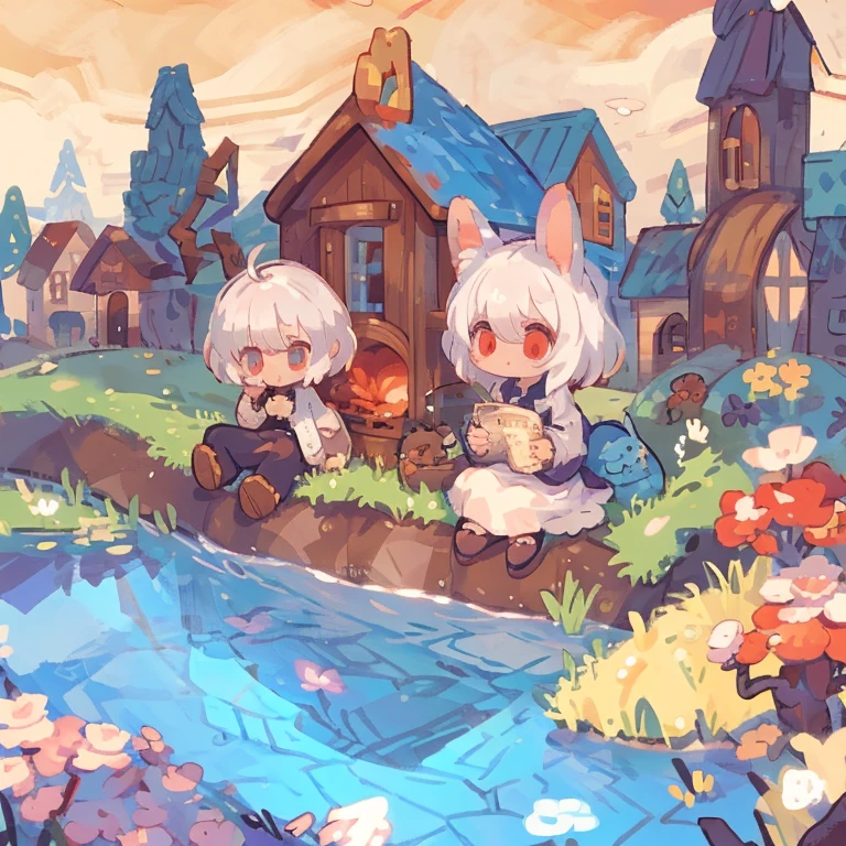 #Quality(8k,best quality,masterpiece),two girls(Chibi,cute,kawaii, white hair, one is rabbit ear and another is cat ear , white dress ,red big eyes ,skin color white,sitting down),#background (house,water,)