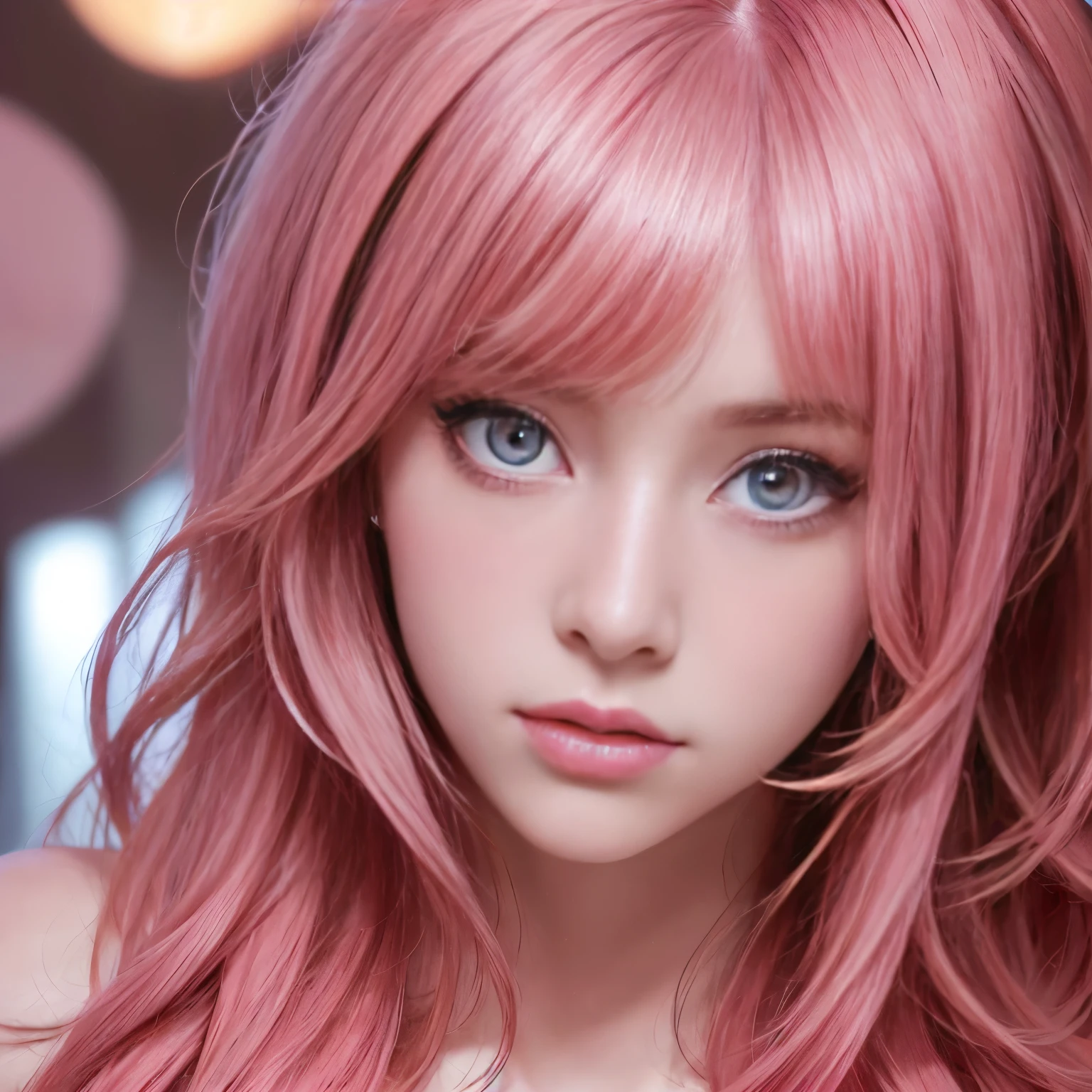 (Glow Art: 1.0), (bright, sketch, drawing: 1.0), (ultra high resolution, highest quality, super realistic:1.5), 1 girl, bangs, red eyes bright relucent light in hair, blush, clavicle, hair between eyes, long hair, looking at the viewer, good, open your mouth, pink hair, portrait, shiny, shiny hair, side ponytail, lazy look, 