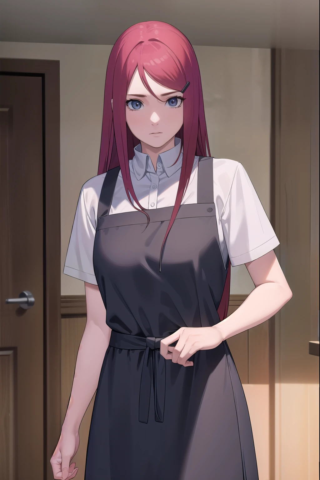 kushina, kushina, long hair, hair ornament, red hair, hairclip, (grey eyes:1.5),
BREAK shirt, dress, jewelry, white shirt, short sleeves, apron, bracelet, green apron, collar,
BREAK looking at viewer, full body, (cowboy shot:1.5),
BREAK indoors,
BREAK (masterpiece:1.2), best quality, high resolution, unity 8k wallpaper, (illustration:0.8), (beautiful detailed eyes:1.6), extremely detailed face, perfect lighting, extremely detailed CG, (perfect hands, perfect anatomy),