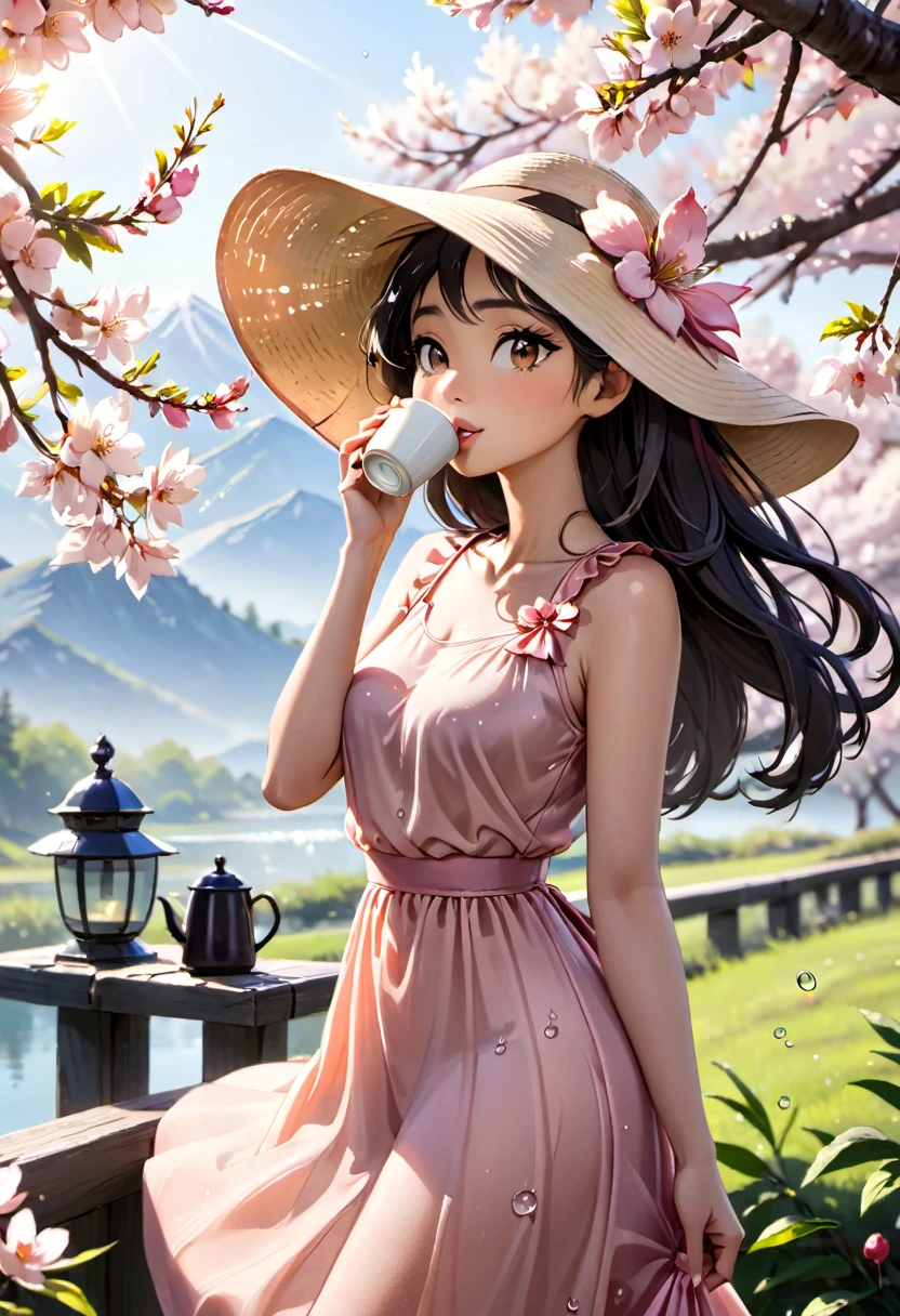 (best quality,4k,8k,highres,masterpiece:1.2),ultra-detailed,(realistic,photorealistic,photo-realistic:1.37),A lanky Asian woman in a (peach translucent summer dress, wide brimmed hat, sunglasses),is drinking her coffee while watching sunrise, spring morning, cherry blossoms,gleaming dew drops,gentle breeze,rays of sunlight filtering through the branches,soft pink petals swirling in the air,natural beauty,serene atmosphere,conscious expression,peaceful ambiance,delicate flowers,intimate connection with nature,tranquil setting,distant mountains,pure serenity,beautiful contrast between the vibrant colors and the calm surroundings,endless horizon,quiet serenade of birds chirping,muted colors,subtle shade of sunlight,ethereal silhouette,dappled light,morning mist,evoking a sense of tranquility,Film Noir touch,exquisite detailing in facial features,fine lines and brushstrokes,true-to-life colors and textures,unmistakable sense of serenity,subdued elegance,vivid colors blended harmoniously,softness of nature,picturesque scene,sublime calmness,sophistication,refined craftsmanship,artistic depiction,eyes filled with wonder and contentment