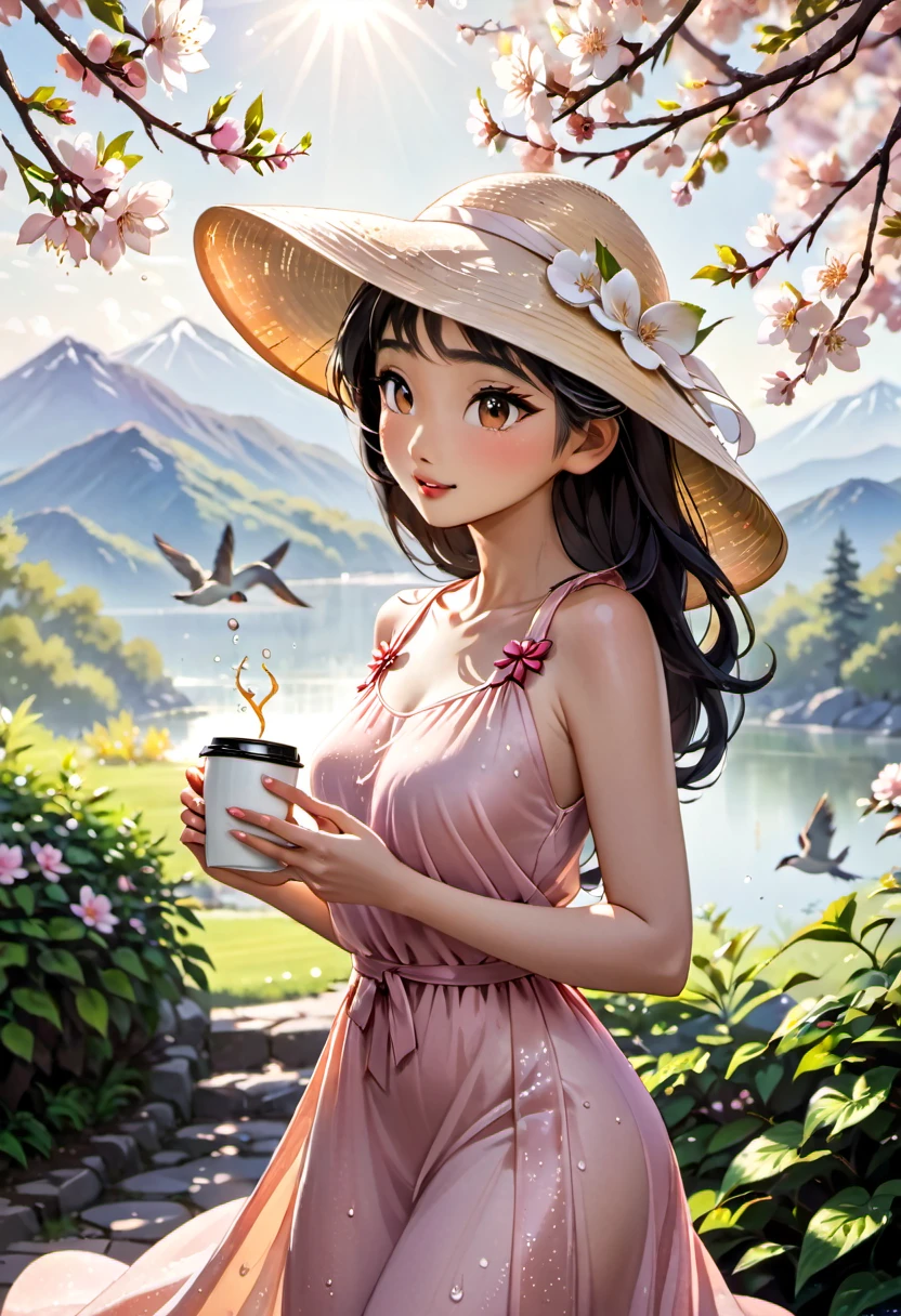 (best quality,4k,8k,highres,masterpiece:1.2),ultra-detailed,(realistic,photorealistic,photo-realistic:1.37),A lanky Asian woman in a (peach translucent summer dress, wide brimmed hat, sunglasses),is drinking her coffee while watching sunrise, spring morning, cherry blossoms,gleaming dew drops,gentle breeze,rays of sunlight filtering through the branches,soft pink petals swirling in the air,natural beauty,serene atmosphere,conscious expression,peaceful ambiance,delicate flowers,intimate connection with nature,tranquil setting,distant mountains,pure serenity,beautiful contrast between the vibrant colors and the calm surroundings,endless horizon,quiet serenade of birds chirping,muted colors,subtle shade of sunlight,ethereal silhouette,dappled light,morning mist,evoking a sense of tranquility,Film Noir touch,exquisite detailing in facial features,fine lines and brushstrokes,true-to-life colors and textures,unmistakable sense of serenity,subdued elegance,vivid colors blended harmoniously,softness of nature,picturesque scene,sublime calmness,sophistication,refined craftsmanship,artistic depiction,eyes filled with wonder and contentment