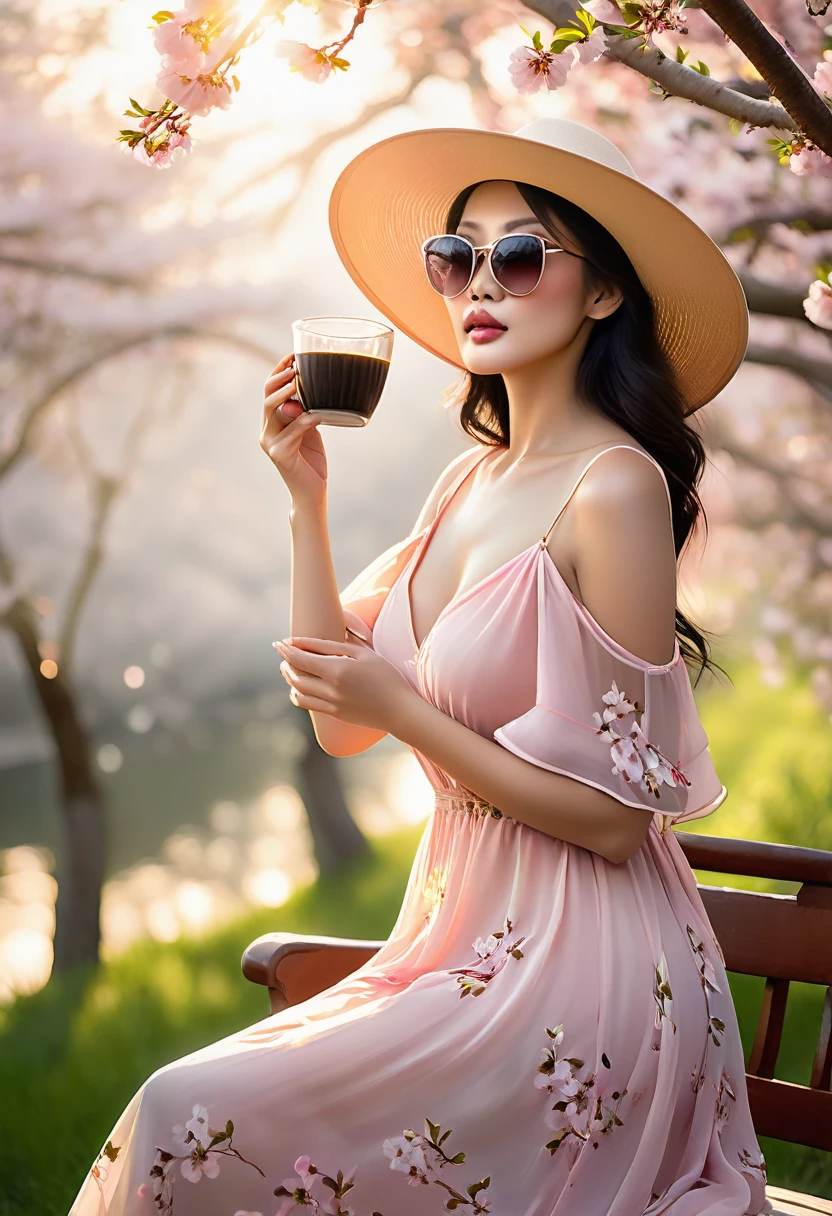 (best quality,4k,8k,highres,masterpiece:1.2),ultra-detailed,(realistic,photorealistic,photo-realistic:1.37),A lanky Asian woman in a (peach translucent summer dress, wide brimmed hat, sunglasses),is drinking her coffee while watching sunrise, spring morning, cherry blossoms,gleaming dew drops,gentle breeze,rays of sunlight filtering through the branches,soft pink petals swirling in the air,natural beauty,serene atmosphere,conscious expression,peaceful ambiance,delicate flowers,intimate connection with nature,tranquil setting,distant mountains,pure serenity,beautiful contrast between the vibrant colors and the calm surroundings,endless horizon,quiet serenade of birds chirping,muted colors,subtle shade of sunlight,ethereal silhouette,dappled light,morning mist,evoking a sense of tranquility,Film Noir touch,exquisite detailing in facial features,fine lines and brushstrokes,true-to-life colors and textures,unmistakable sense of serenity,subdued elegance,vivid colors blended harmoniously,softness of nature,picturesque scene,sublime calmness,sophistication,refined craftsmanship,artistic depiction,eyes filled with wonder and contentment