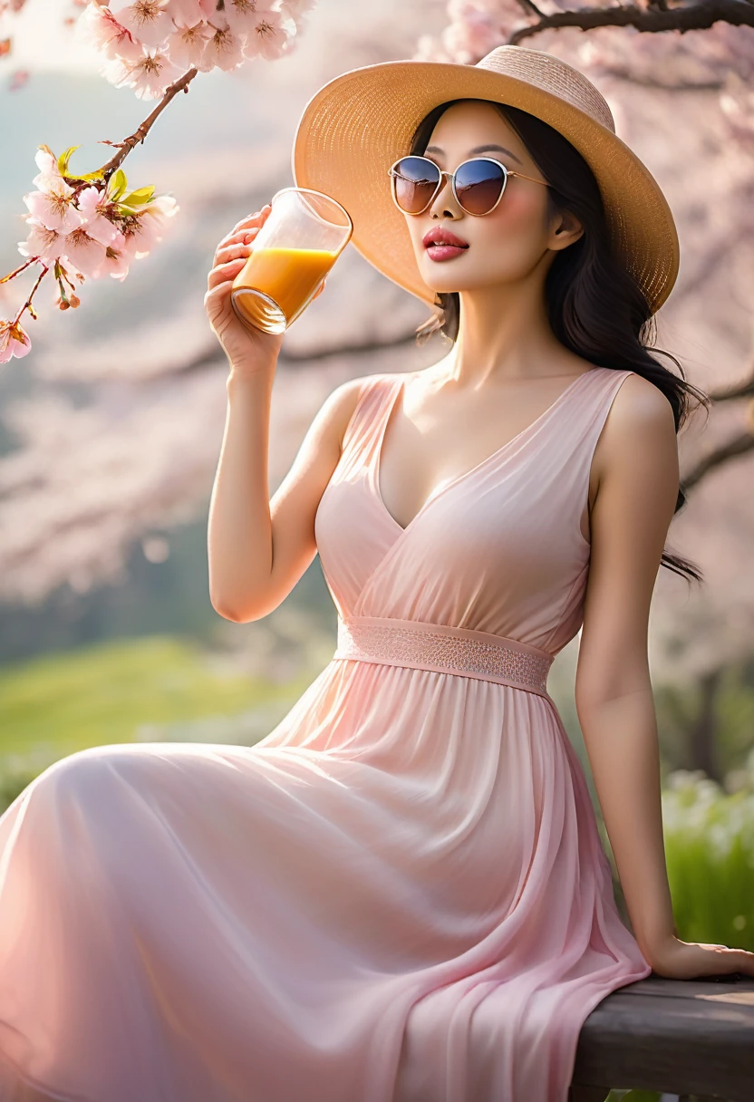 (best quality,4k,8k,highres,masterpiece:1.2),ultra-detailed,(realistic,photorealistic,photo-realistic:1.37),A lanky Asian woman in a (peach translucent summer dress, wide brimmed hat, sunglasses),is drinking her coffee while watching sunrise, spring morning, cherry blossoms,gleaming dew drops,gentle breeze,rays of sunlight filtering through the branches,soft pink petals swirling in the air,natural beauty,serene atmosphere,conscious expression,peaceful ambiance,delicate flowers,intimate connection with nature,tranquil setting,distant mountains,pure serenity,beautiful contrast between the vibrant colors and the calm surroundings,endless horizon,quiet serenade of birds chirping,muted colors,subtle shade of sunlight,ethereal silhouette,dappled light,morning mist,evoking a sense of tranquility,Film Noir touch,exquisite detailing in facial features,fine lines and brushstrokes,true-to-life colors and textures,unmistakable sense of serenity,subdued elegance,vivid colors blended harmoniously,softness of nature,picturesque scene,sublime calmness,sophistication,refined craftsmanship,artistic depiction,eyes filled with wonder and contentment