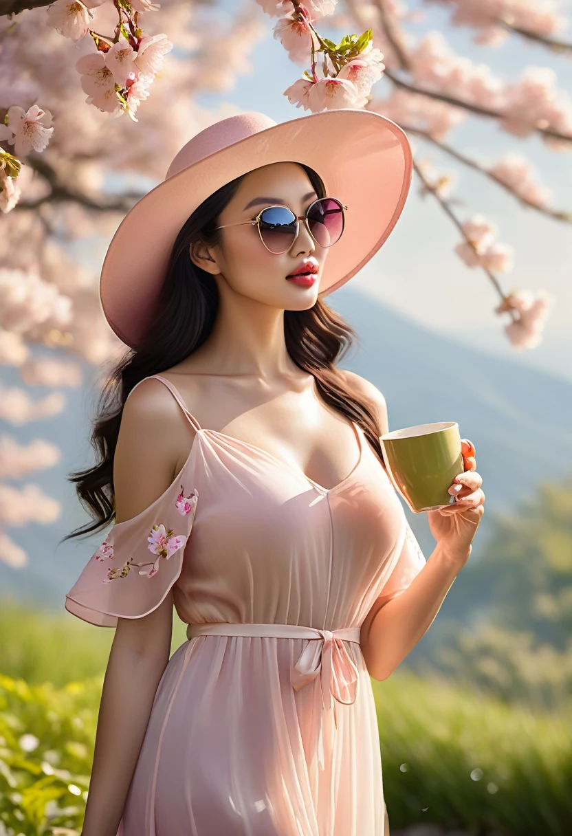 (best quality,4k,8k,highres,masterpiece:1.2),ultra-detailed,(realistic,photorealistic,photo-realistic:1.37),A lanky Asian woman in a (peach translucent summer dress, wide brimmed hat, sunglasses),is drinking her coffee while watching sunrise, spring morning, cherry blossoms,gleaming dew drops,gentle breeze,rays of sunlight filtering through the branches,soft pink petals swirling in the air,natural beauty,serene atmosphere,conscious expression,peaceful ambiance,delicate flowers,intimate connection with nature,tranquil setting,distant mountains,pure serenity,beautiful contrast between the vibrant colors and the calm surroundings,endless horizon,quiet serenade of birds chirping,muted colors,subtle shade of sunlight,ethereal silhouette,dappled light,morning mist,evoking a sense of tranquility,Film Noir touch,exquisite detailing in facial features,fine lines and brushstrokes,true-to-life colors and textures,unmistakable sense of serenity,subdued elegance,vivid colors blended harmoniously,softness of nature,picturesque scene,sublime calmness,sophistication,refined craftsmanship,artistic depiction,eyes filled with wonder and contentment