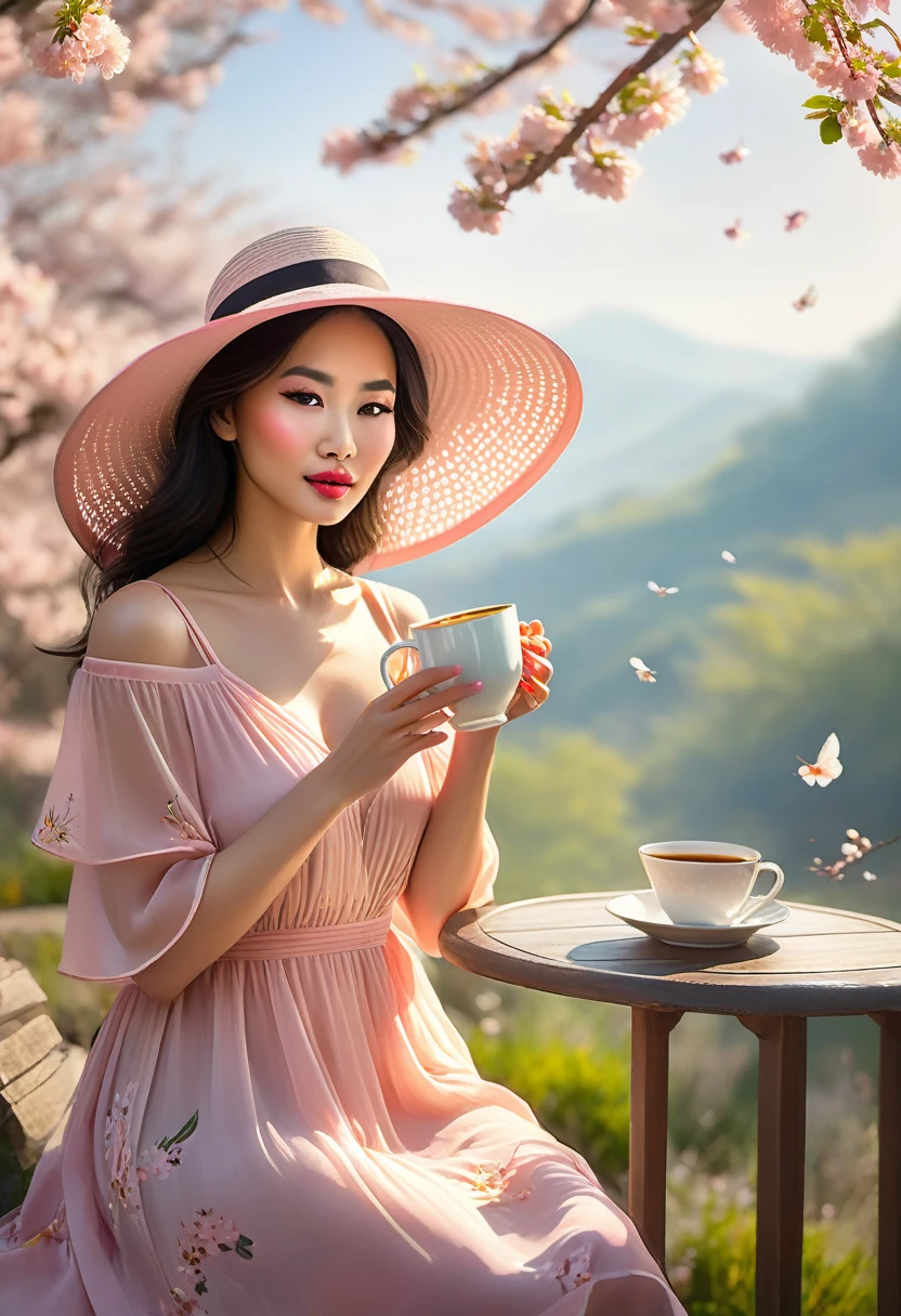 (best quality,4k,8k,highres,masterpiece:1.2),ultra-detailed,(realistic,photorealistic,photo-realistic:1.37),A lanky Asian woman in a (peach translucent summer dress, wide brimmed hat, sunglasses),is drinking her coffee while watching sunrise, spring morning, cherry blossoms,gleaming dew drops,gentle breeze,rays of sunlight filtering through the branches,soft pink petals swirling in the air,natural beauty,serene atmosphere,conscious expression,peaceful ambiance,delicate flowers,intimate connection with nature,tranquil setting,distant mountains,pure serenity,beautiful contrast between the vibrant colors and the calm surroundings,endless horizon,quiet serenade of birds chirping,muted colors,subtle shade of sunlight,ethereal silhouette,dappled light,morning mist,evoking a sense of tranquility,Film Noir touch,exquisite detailing in facial features,fine lines and brushstrokes,true-to-life colors and textures,unmistakable sense of serenity,subdued elegance,vivid colors blended harmoniously,softness of nature,picturesque scene,sublime calmness,sophistication,refined craftsmanship,artistic depiction,eyes filled with wonder and contentment