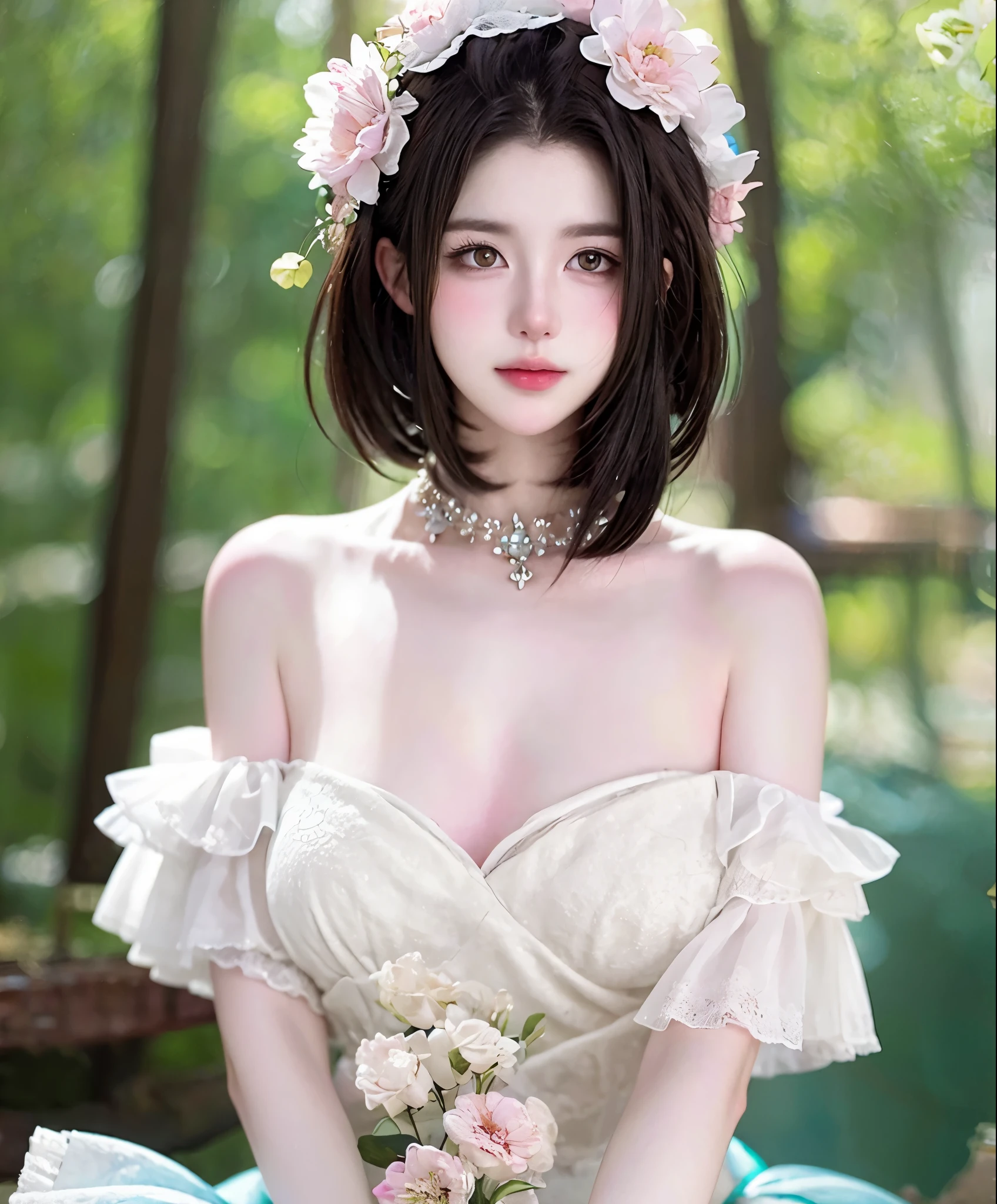 Create an enchanting illustration of a beautiful woman wearing a tank top, set against a backdrop of a lush forest. Ensure to capture the serene beauty of the natural setting while focusing on the exquisite detail of the subject.