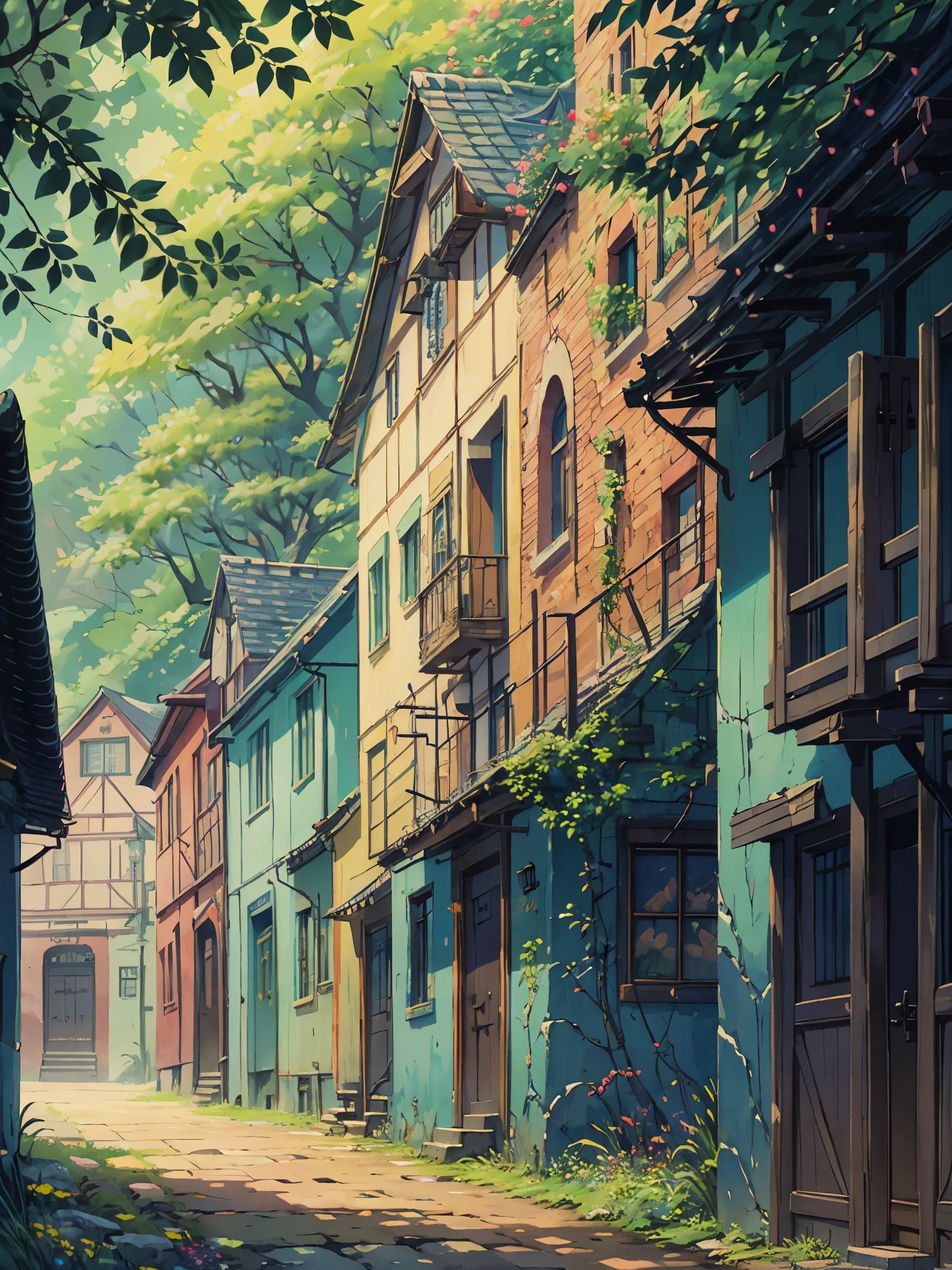 a blue hut with cracked walls, faded paint, evening time, acacia dealbata flowers, banyan tree, shade, ghibli style, village, vibrant colors, intrinsic details, scenery, micro landscape