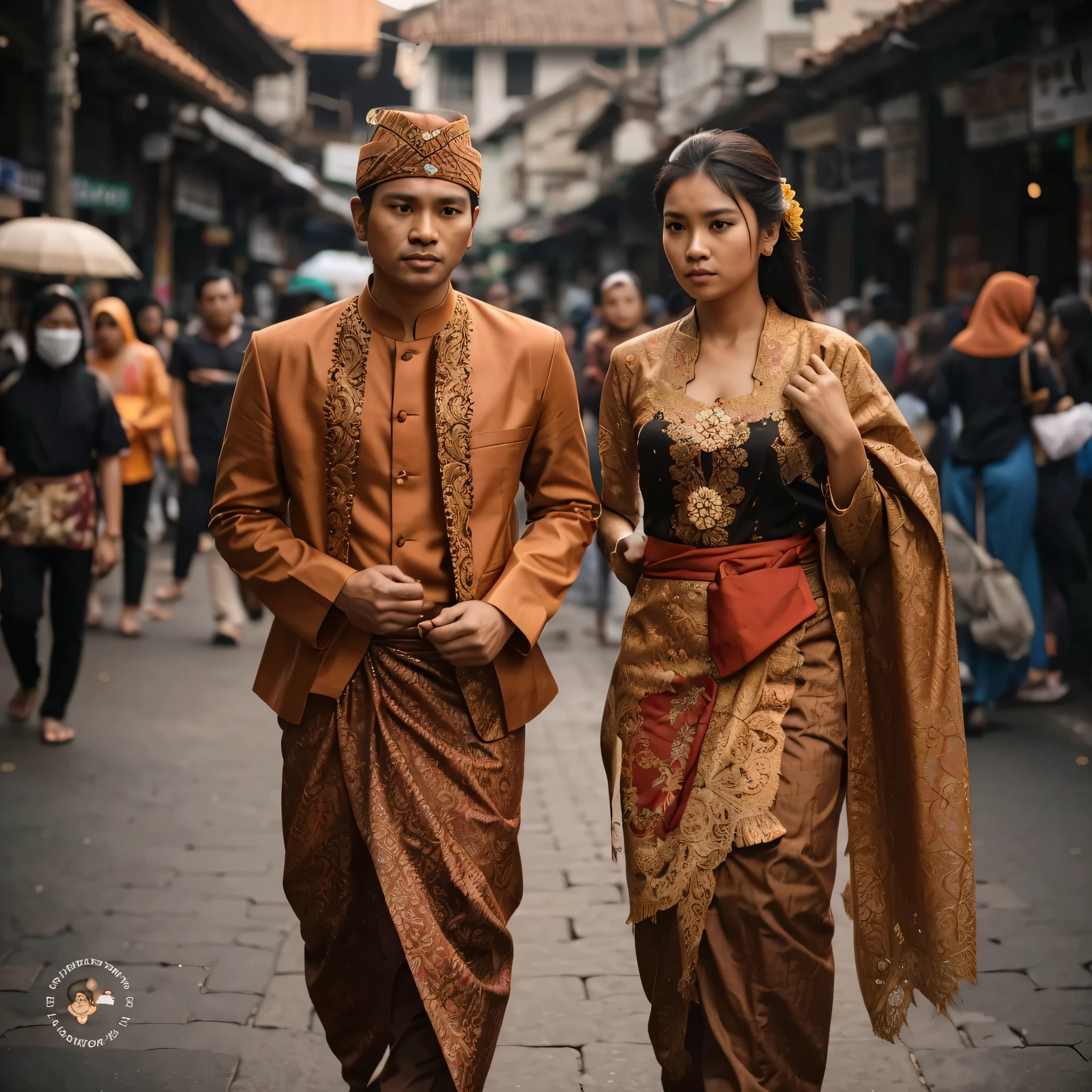 Beautiful Indonesian woman detail, long hair, wearing brown kebaya clothes, walking in the malioboro street next to her a handsome Indonesian man wearing brown surakarta traditional clothes with blangkon, short black hair, wearing brown jarit, cloudy weather, malioboro street jogjakarta backround