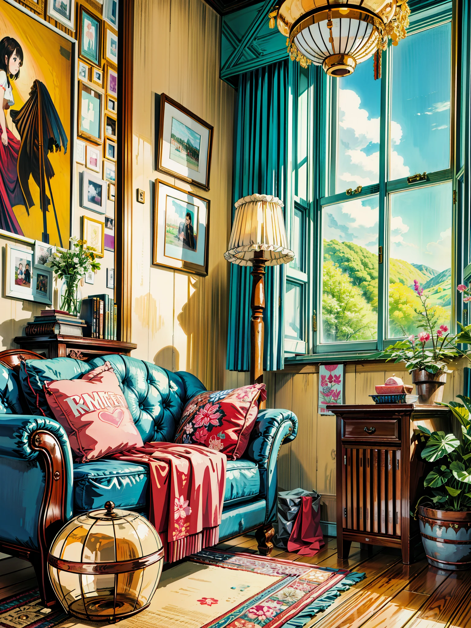 a living room filled with furniture and a teddy bear, cozy home background, cozy living room background, cute room, thomas kinkade. cute cozy room, warm interiors, cozy calm! fabrics textiles, cozy wallpaper, personal room background, interior design background, interior decoration, homely atmosphere, a room, cozy and peaceful atmosphere, furnished room, popular interior design style,Beautiful art uhd 4 k, a beautiful artwork illustration, beautiful digital painting, highly detailed digital painting, beautiful digital artwork, detailed painting 4 k, very detailed digital painting, rich picturesque colors, gorgeous digital painting